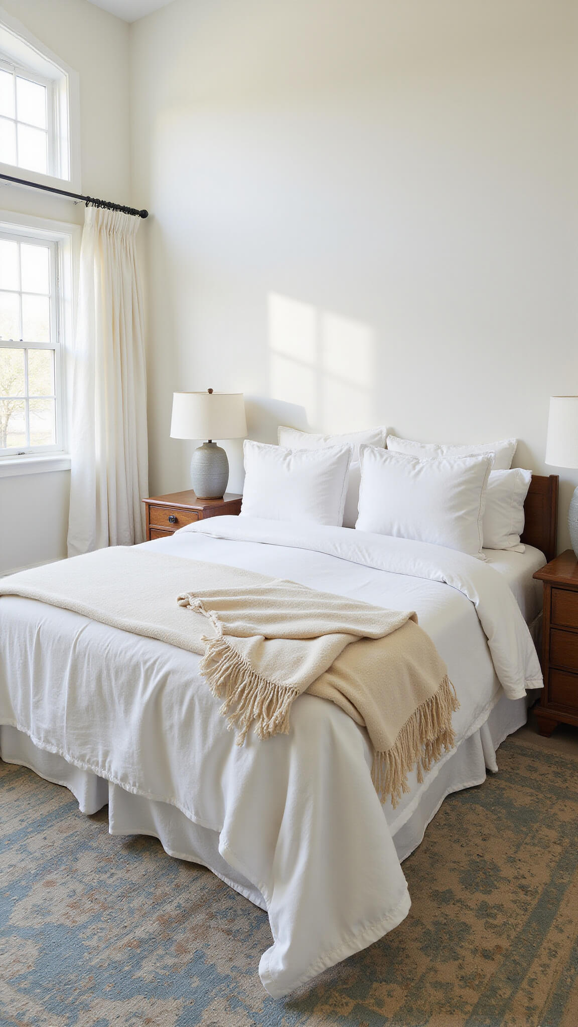 Sunlit master bedroom with king-size bed, white linens, cream throws, vintage oak nightstands, Persian rug, and large bay windows streaming natural light.