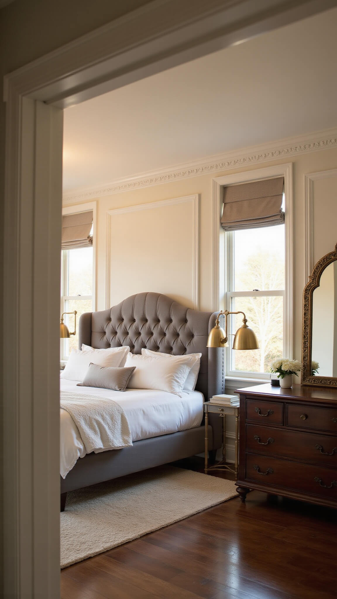 Transitional bedroom at dusk with tufted grey velvet queen bed, white bedding, silver pillows, antique brass sconces, walnut dresser, and golden hour light filtering through Roman shades.