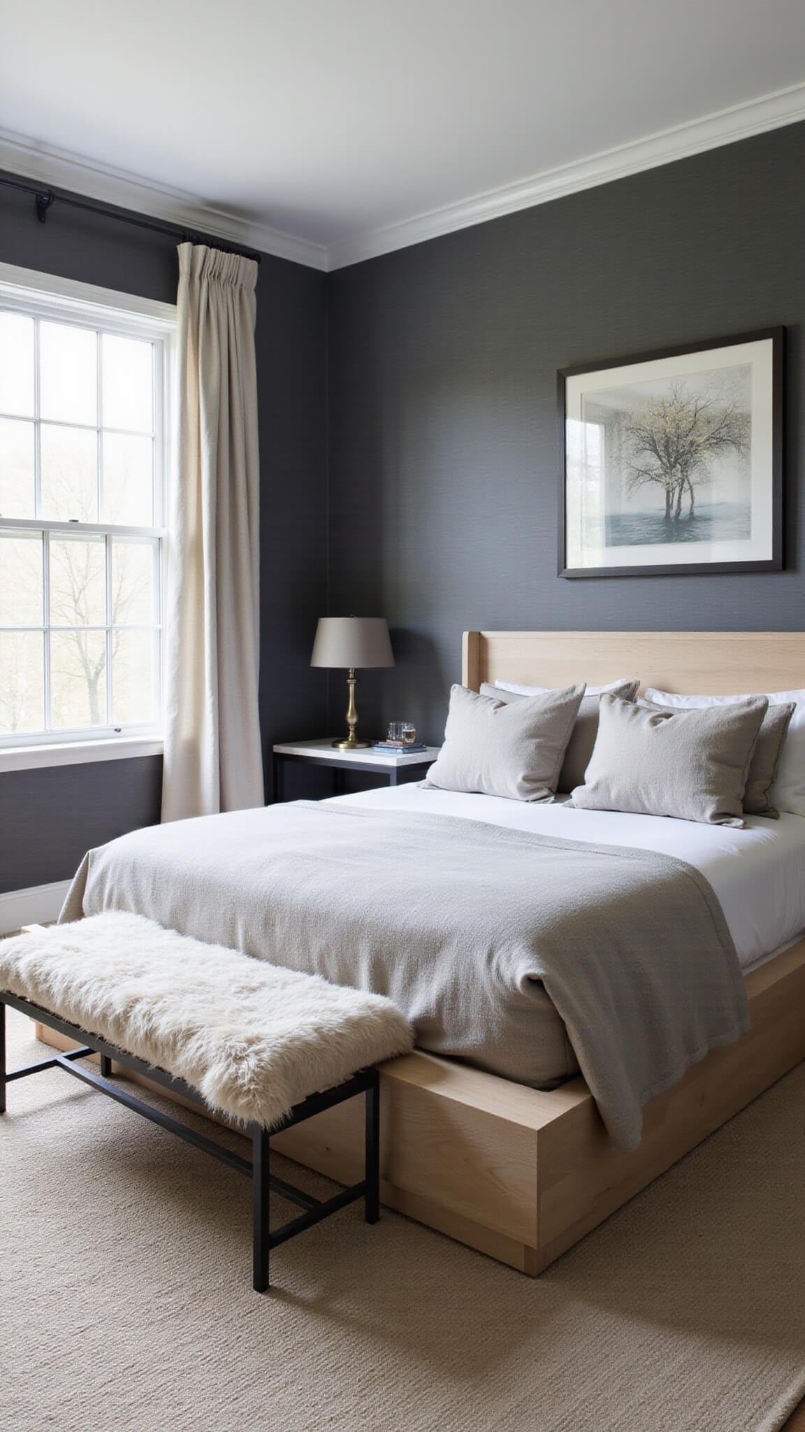 Modern classic bedroom with platform bed, greige linen, black metal side tables, and floor-to-ceiling windows creating dramatic shadow lines.
