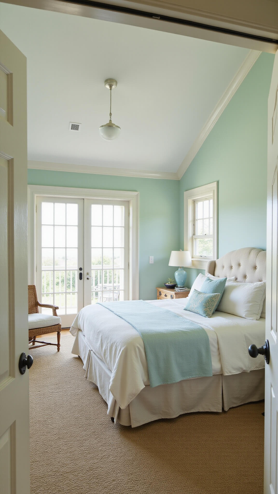 Coastal elegant bedroom with sea-foam walls, natural linen queen bed, distressed white oak furniture, and French doors opening to a balcony, bathed in soft afternoon light.