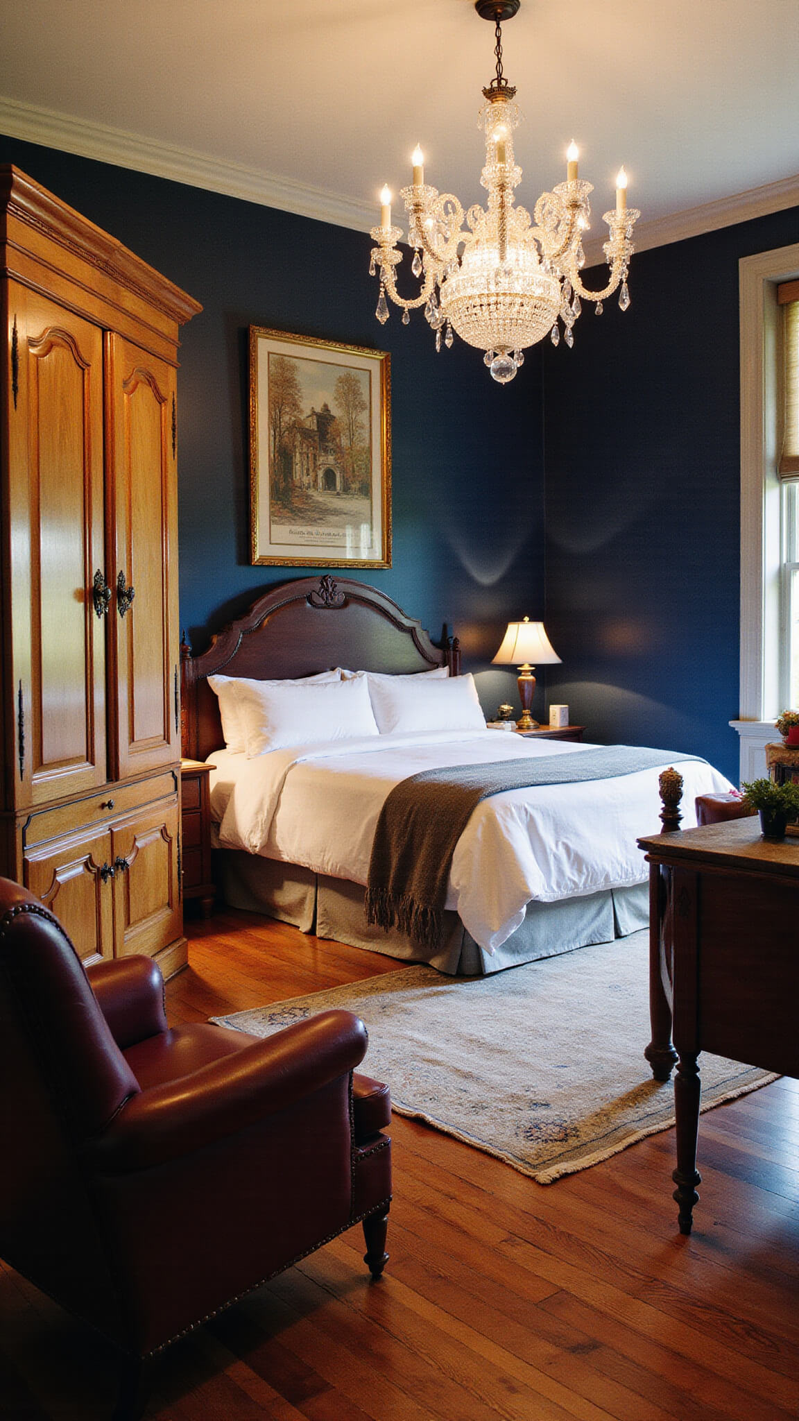 Elegant heritage master bedroom with navy accent wall, white linens on king bed, crystal chandelier, mahogany armoire, leather wing chair, and restored fireplace on original hardwood floors.