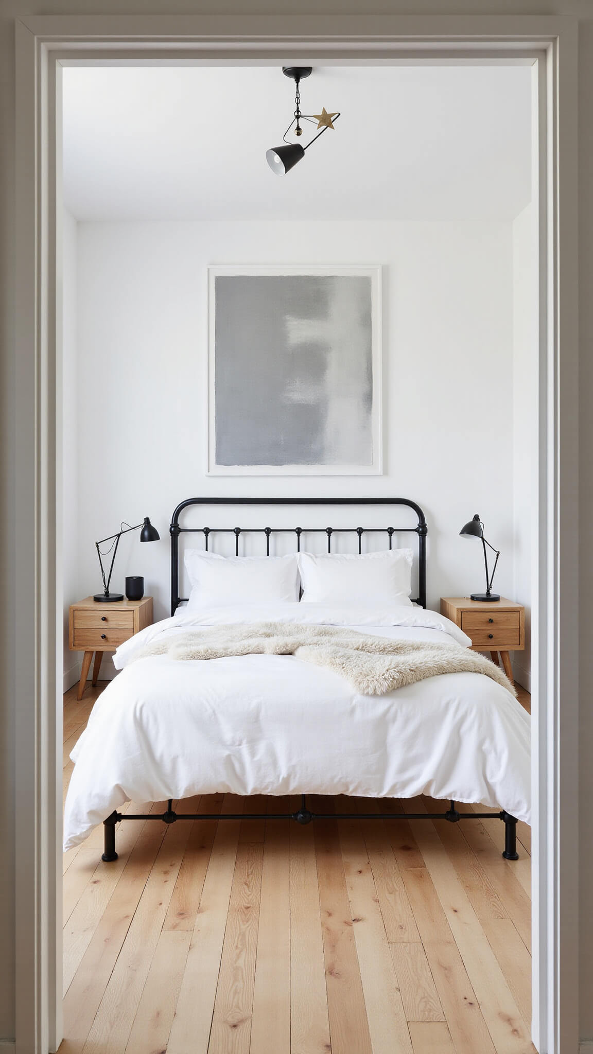 Scandinavian minimalist bedroom with black steel-frame bed, white linens, birch side tables, abstract grey art, and sheepskin throws in bright natural light.