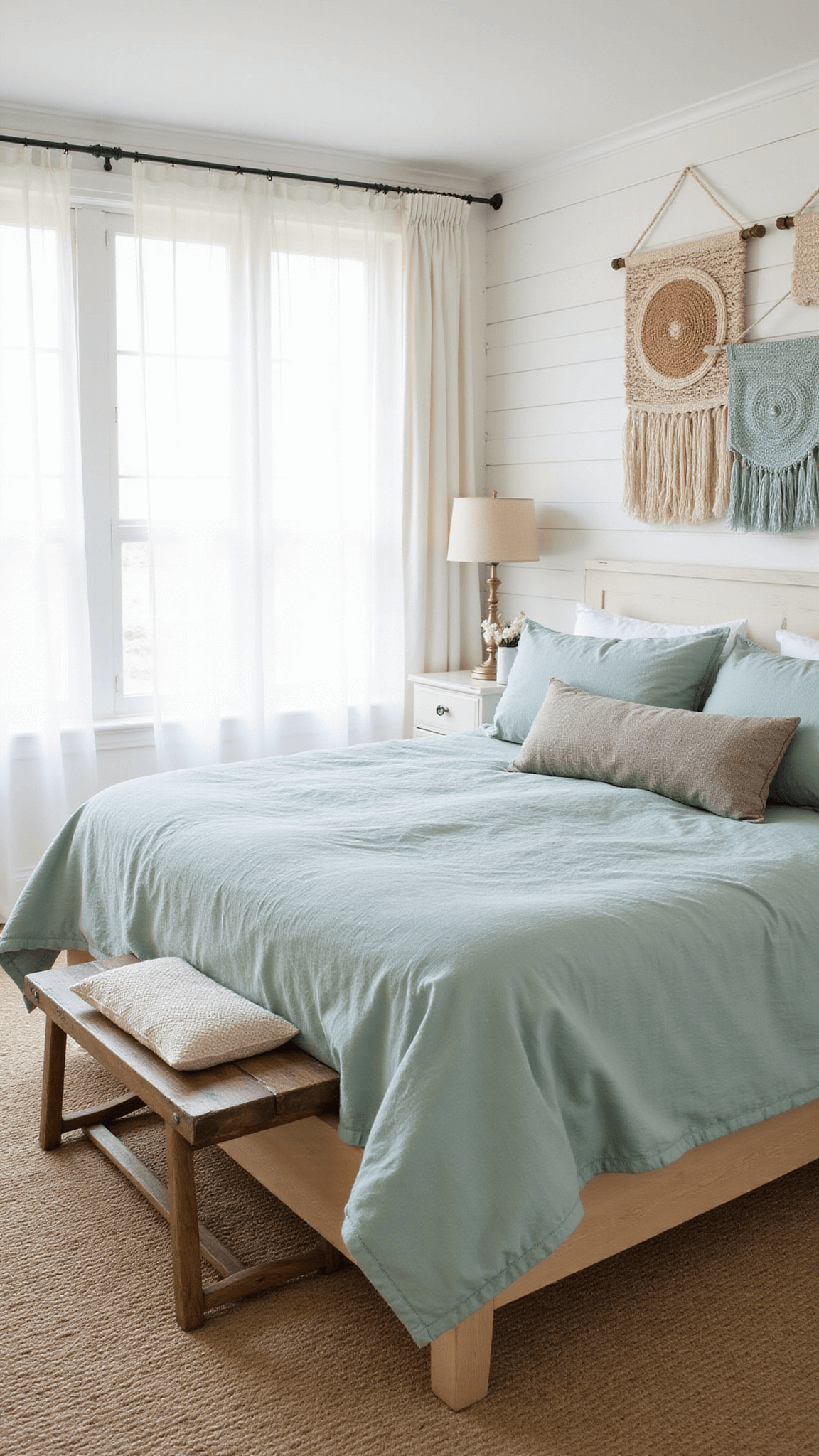 Cozy sunlit bedroom with seafoam green linens, textured pillows, and natural fiber decor in a soft, dreamy atmosphere.