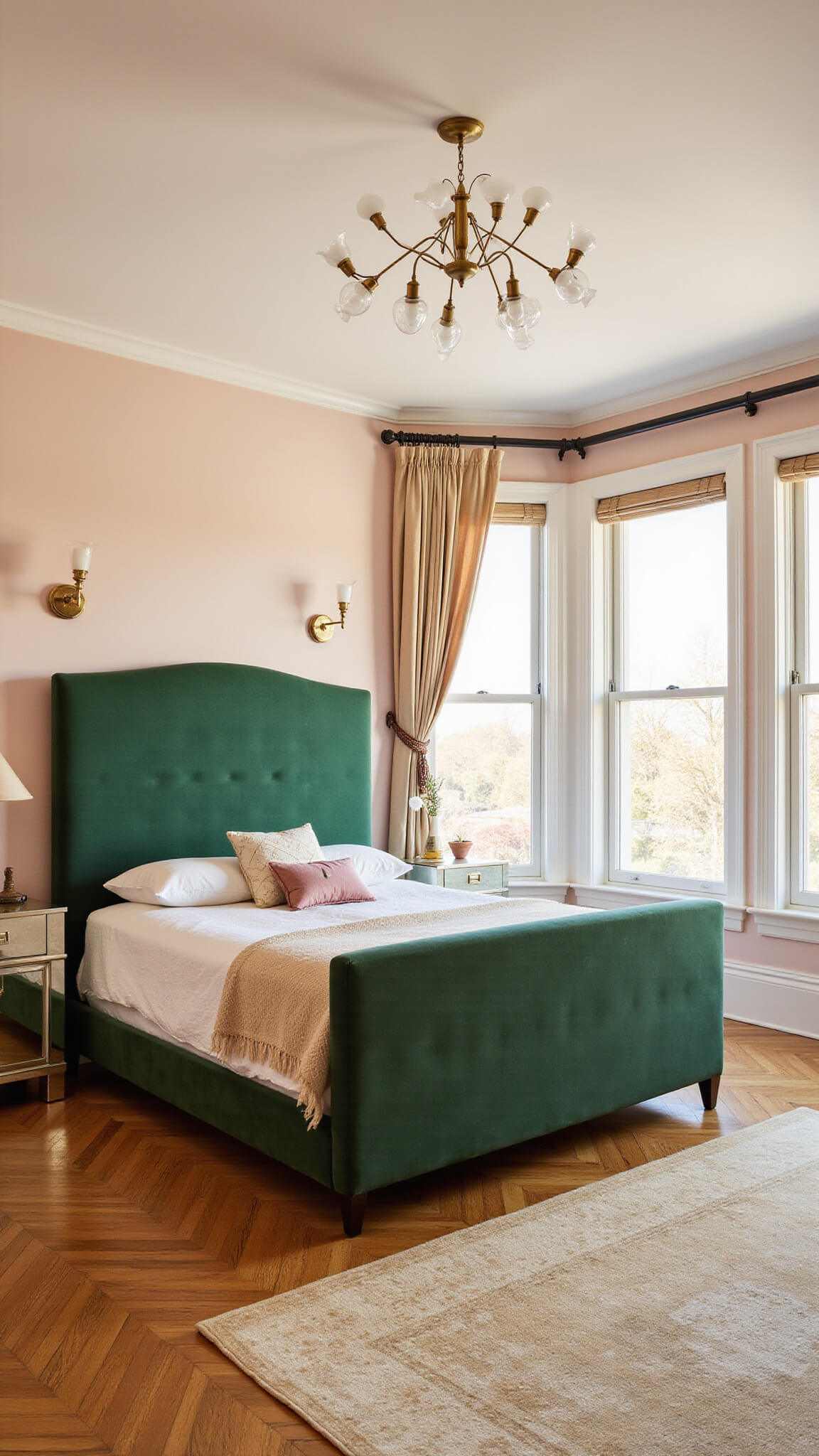 Art Deco revival bedroom at golden hour with emerald velvet headboard, pale pink walls, mirrored nightstands, brass lighting, and vintage cream-and-gold rug.