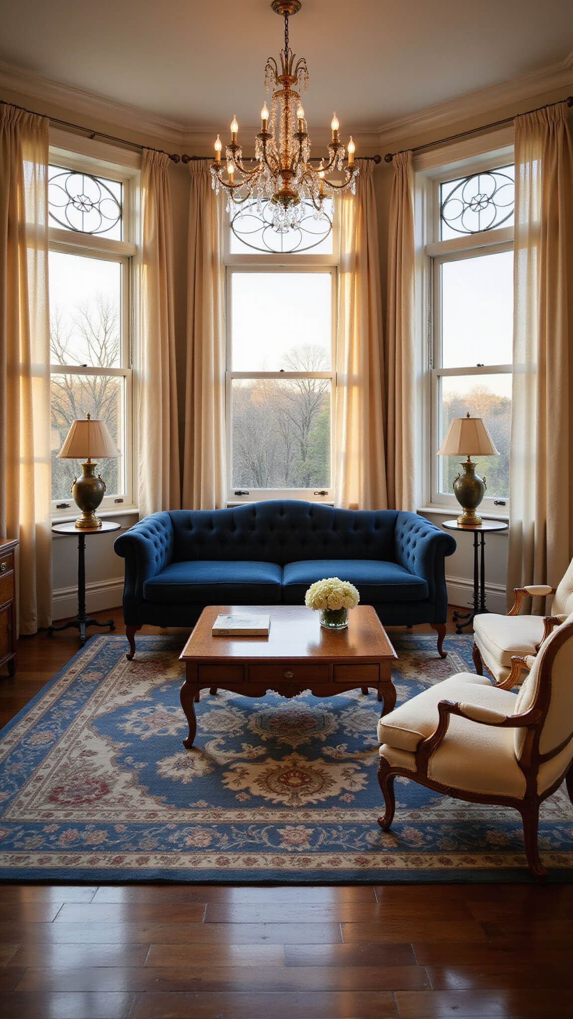 Elegant 1920s living room at golden hour with navy velvet sofa, brass-framed cream chairs, antique Persian rug, crystal chandelier, and warm sunset lighting through bay windows.