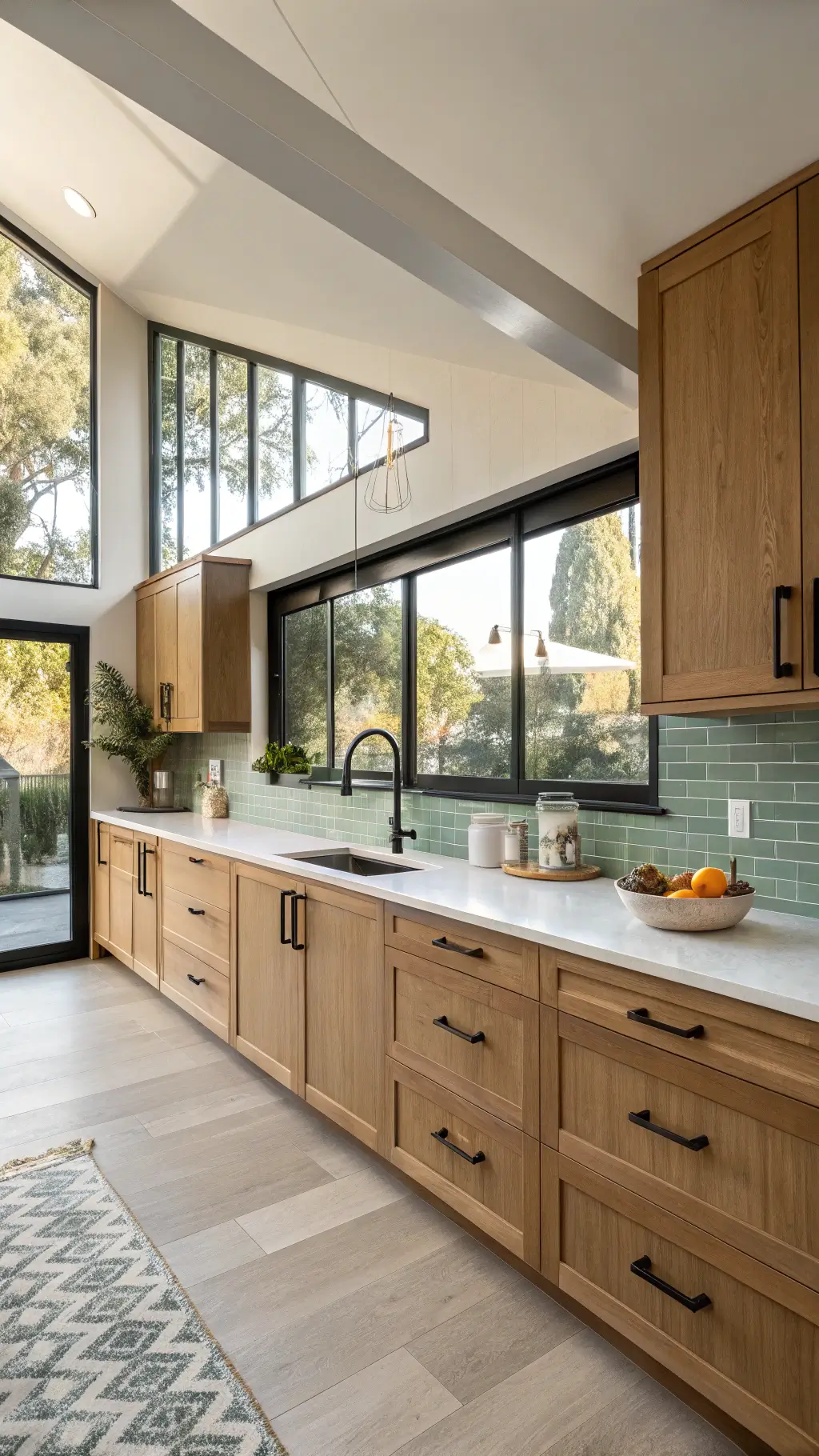 Sunlit kitchen with honey oak cabinets, white quartz countertops, sage green tile backsplash, and black-framed window above farmhouse sink, styled with eucalyptus vase and marble fruit bowl.