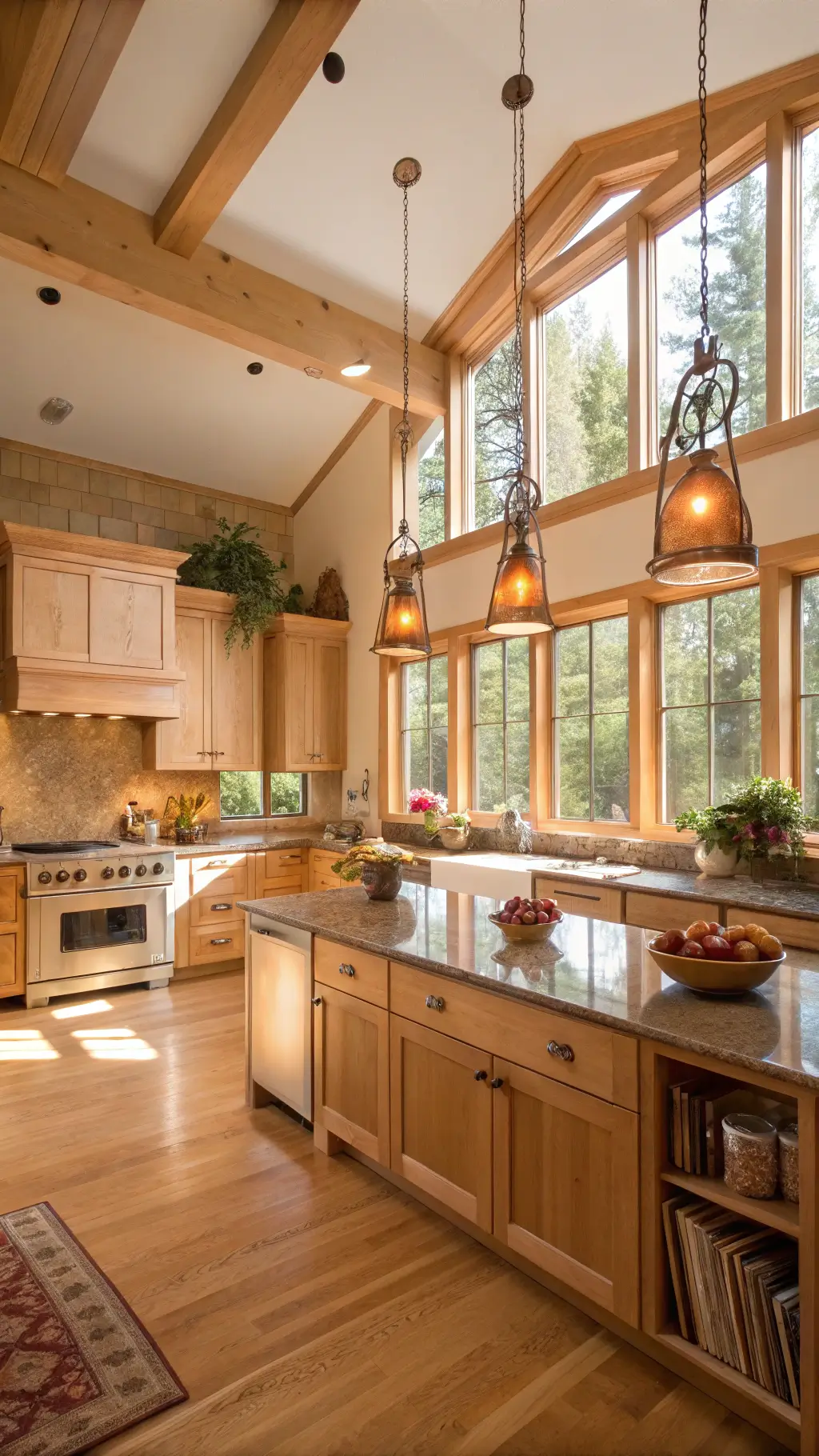 Sunlit kitchen with tall maple cabinets, large island, copper accents, and herbs on windowsills during golden hour.