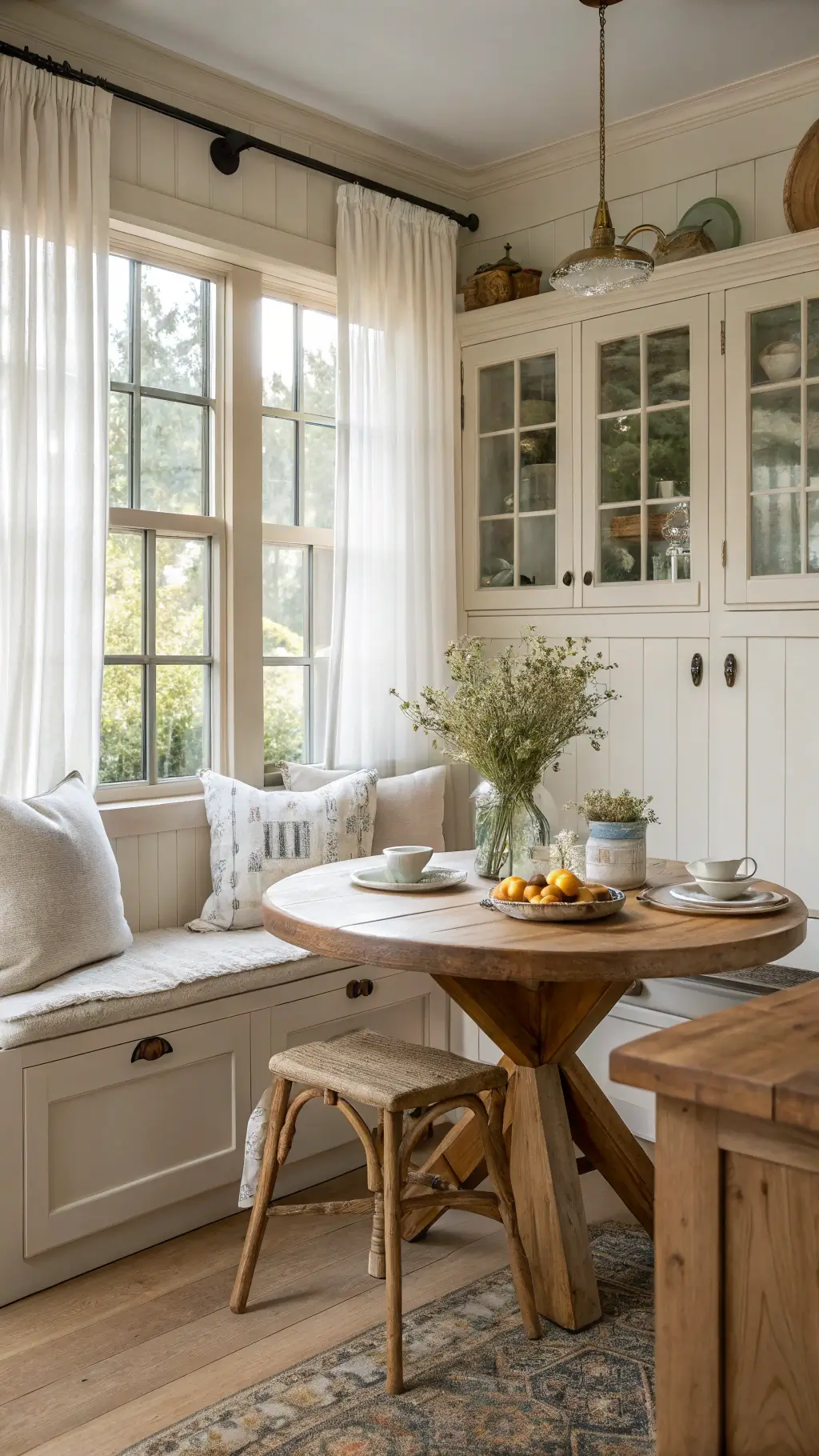 Farmhouse-style kitchen nook at dawn with maple cabinets, window seat, and rustic breakfast table with wildflowers.
