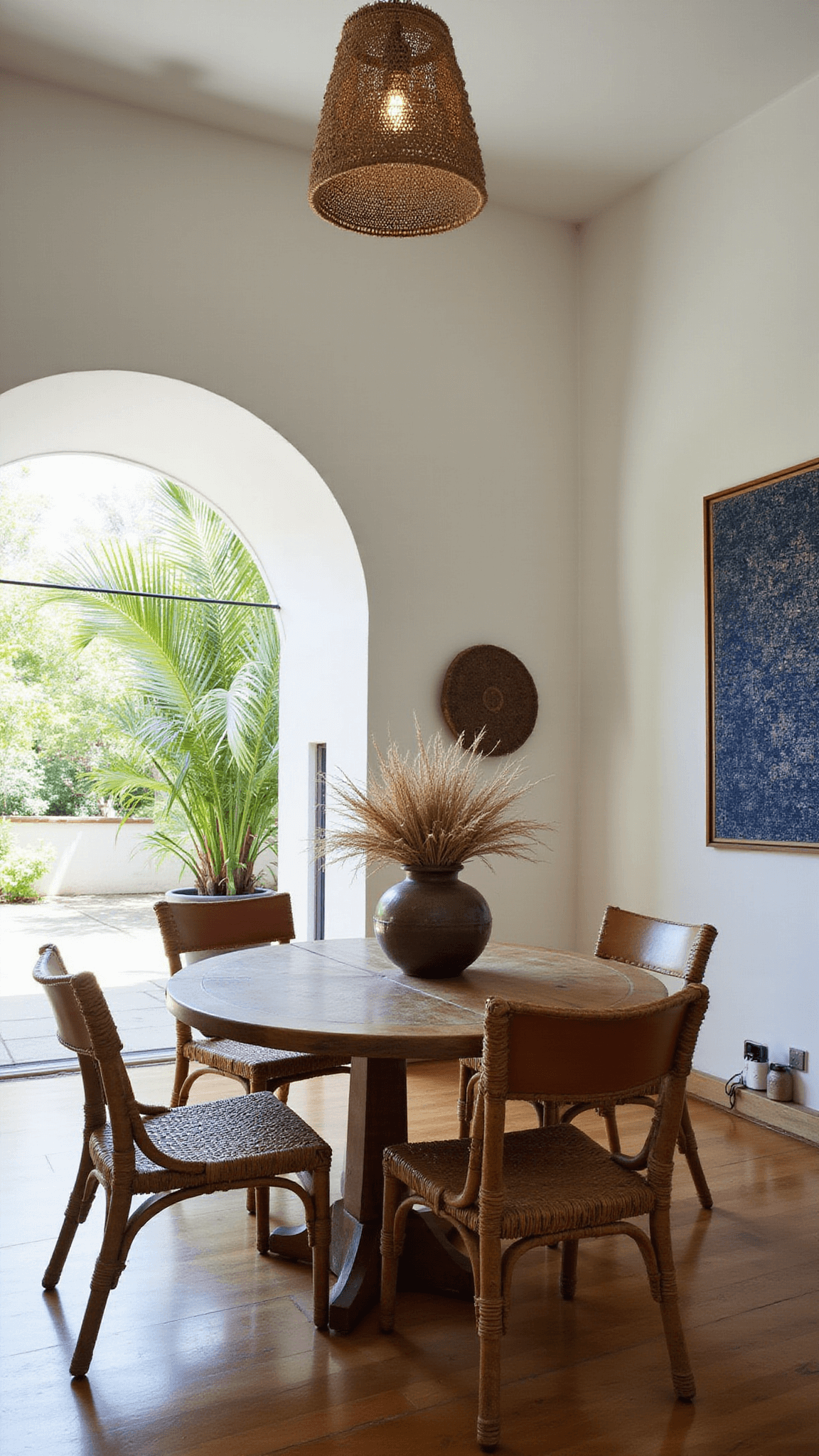 Airy 12x14ft dining room with round teak table, mixed rattan and leather chairs, ceramic vase with pampas grass, potted palms casting shadows, vintage indigo textile art, and arched doorway to terrace.
