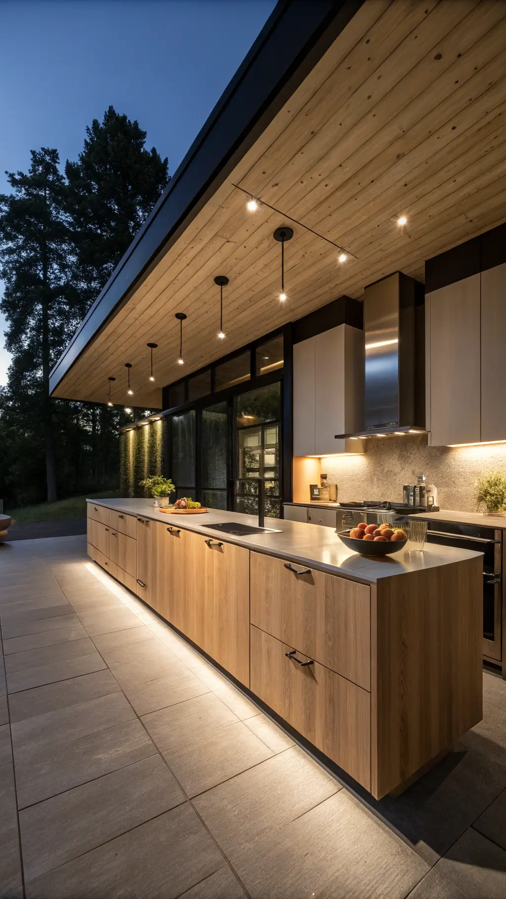 Modern minimalist kitchen at dusk with tall maple cabinets, black appliances, and LED under-cabinet lighting creating dramatic shadows.