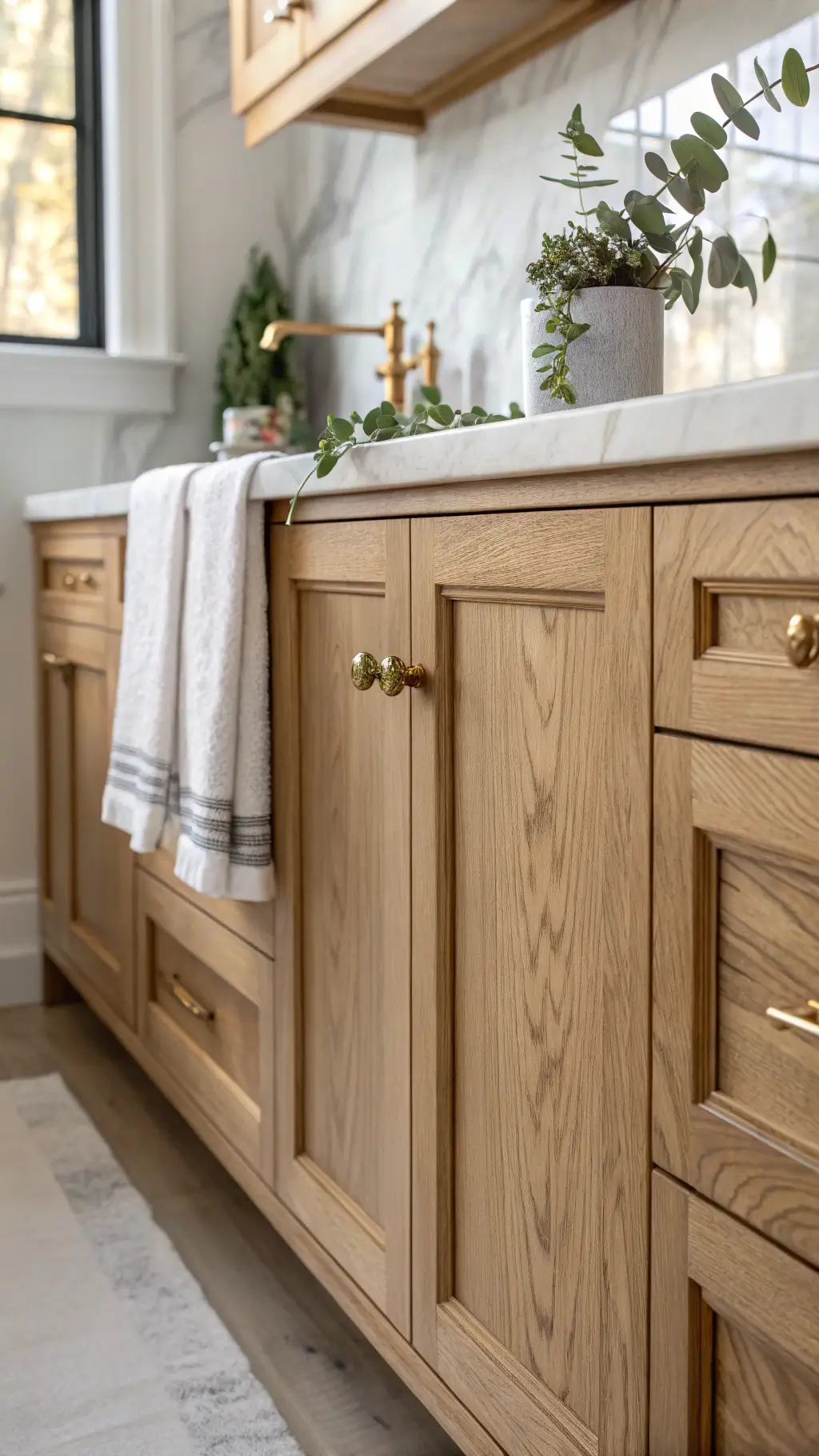 Close-up of custom maple cabinet doors with brass pulls, showing intricate wood grain in natural afternoon light, styled with white linen towels and eucalyptus, soft-focus marble backsplash in background.