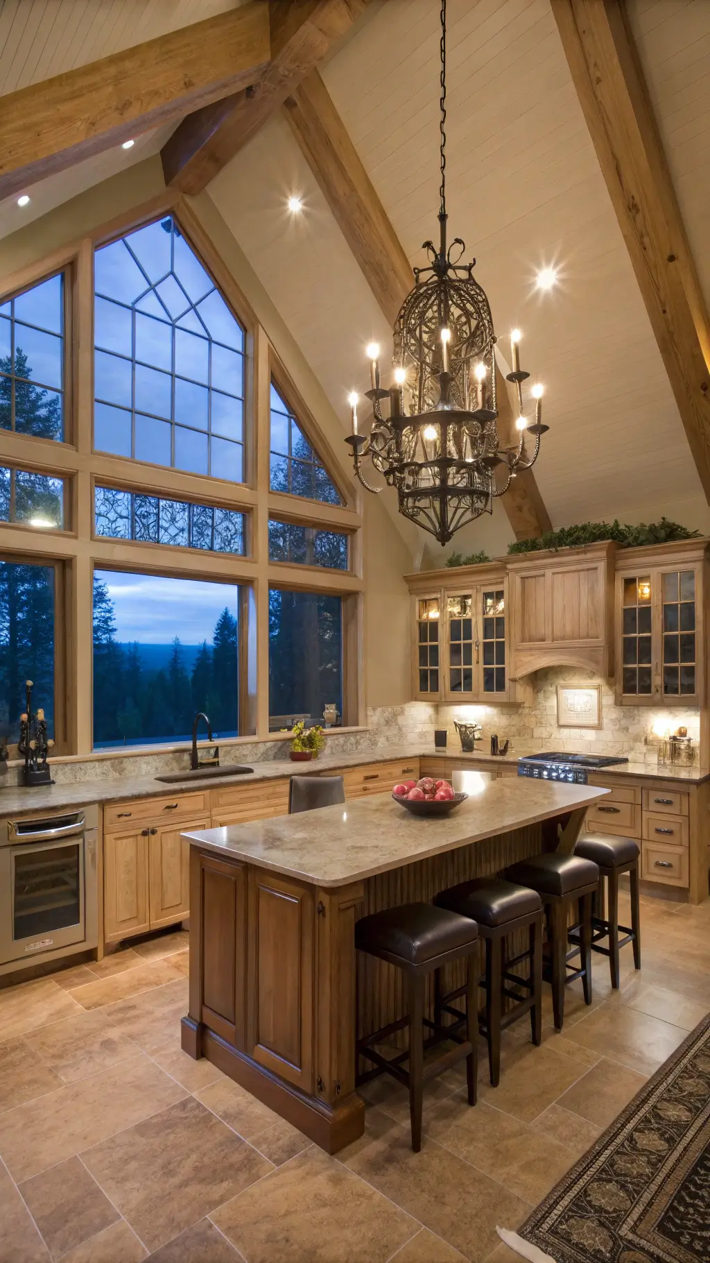 L-shaped kitchen with maple cabinets and glass uppers under cathedral ceiling at blue hour, featuring wrought iron chandelier, island with wine storage, and artisanal decor.