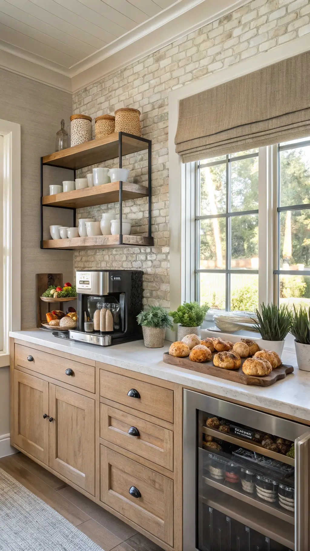 Transitional kitchen breakfast station with maple cabinets, floating shelves, coffee bar, and appliance garage, styled with ceramic mugs, pastries, and succulents against grasscloth wallpaper in morning light.