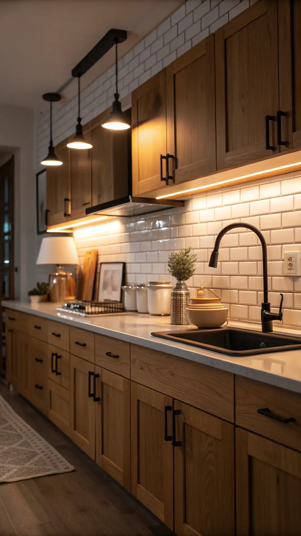 Evening kitchen with honey oak cabinets, warm LED lighting, white subway tile, black matte hardware, copper cookware, and ceramic canisters.