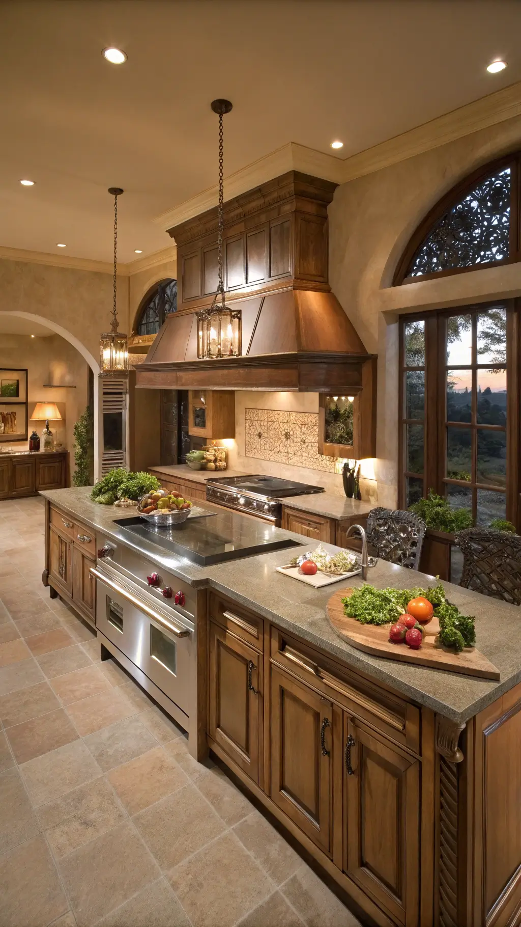 Professional chef's kitchen with maple cabinetry, double islands, and dramatic magic hour lighting.