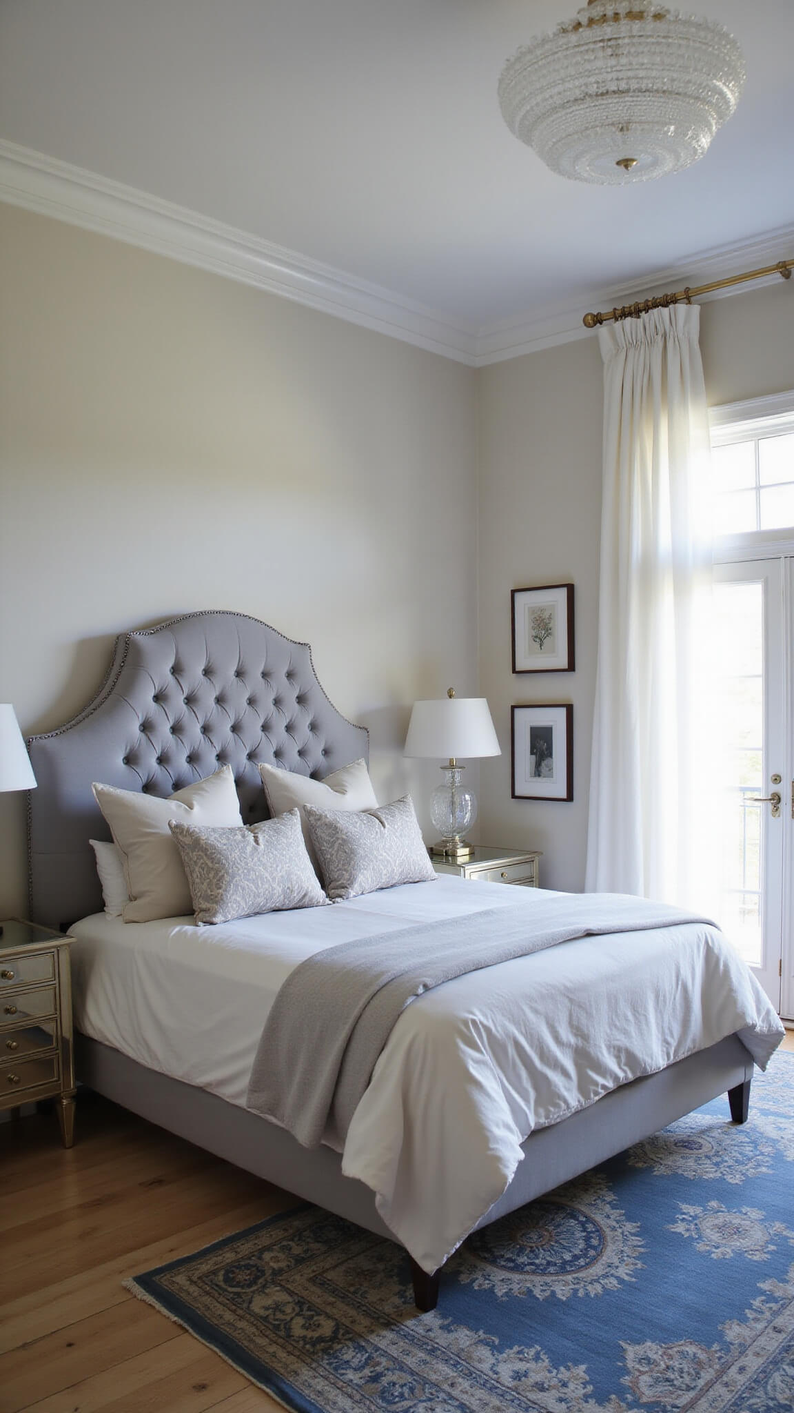 Luxurious master bedroom with ivory and gray silk bedding, tufted dove gray headboard, antique mirror nightstands, warm crystal lamp glow, sheer curtains by French doors, and vintage Persian rug in soft blues.