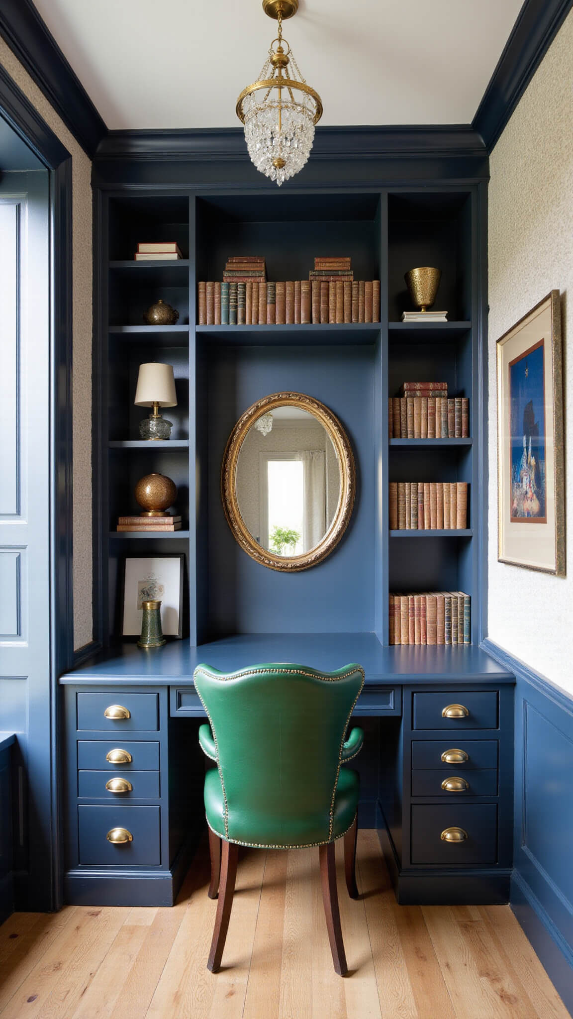 Luxurious compact home office with navy built-ins, emerald green chair, antique brass-trimmed desk, and gold geometric mirror in morning light.