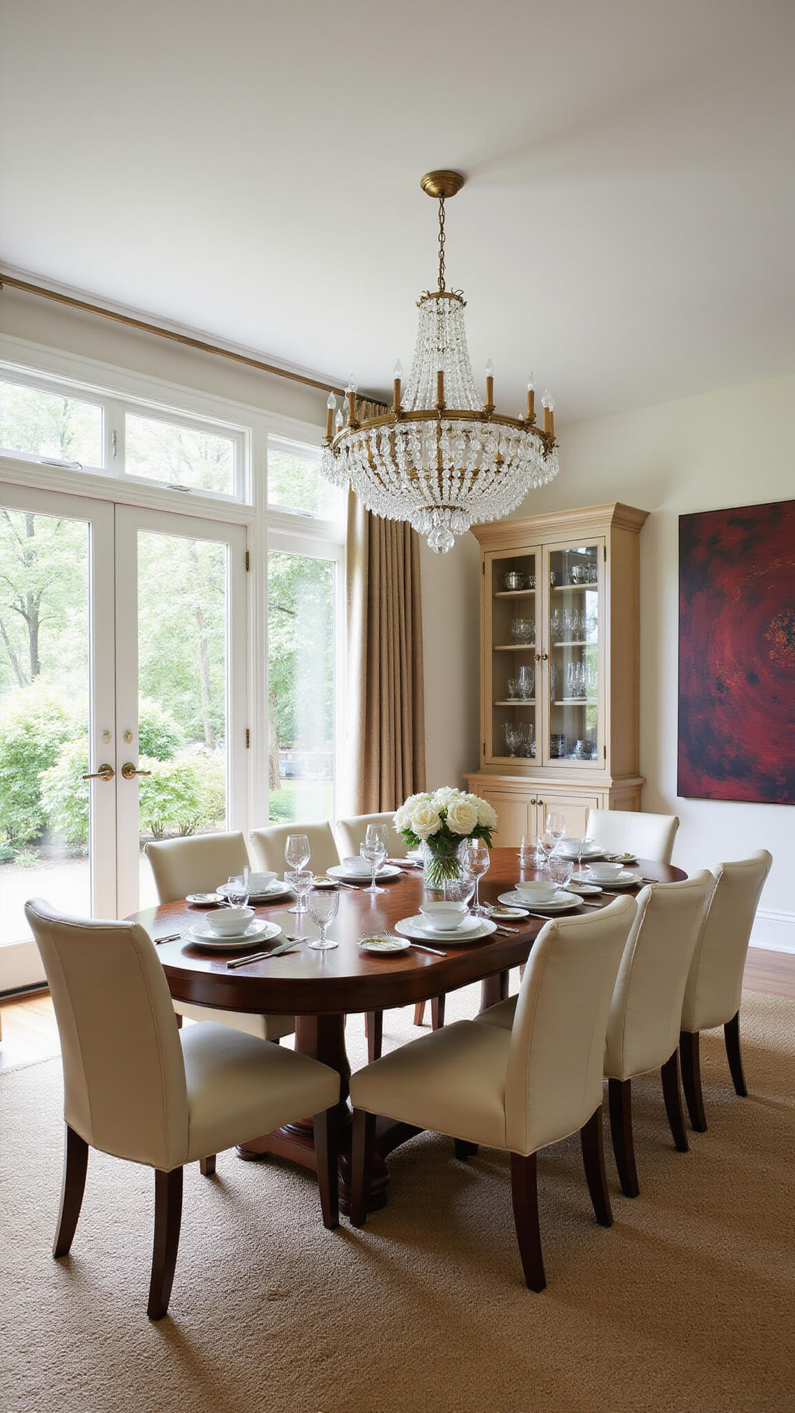 Elegant formal dining room with oval mahogany table, cream leather chairs, crystal chandelier, and garden views through floor-to-ceiling windows.