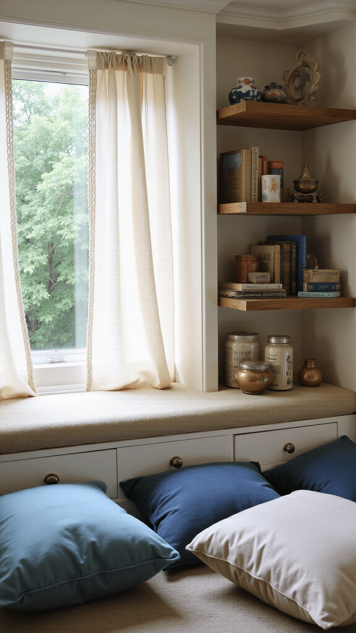 Cozy reading nook with window seat, ocean-toned cushions, macramé curtains, and vintage books on reclaimed wood shelves, softly backlit with dreamy bokeh effect.