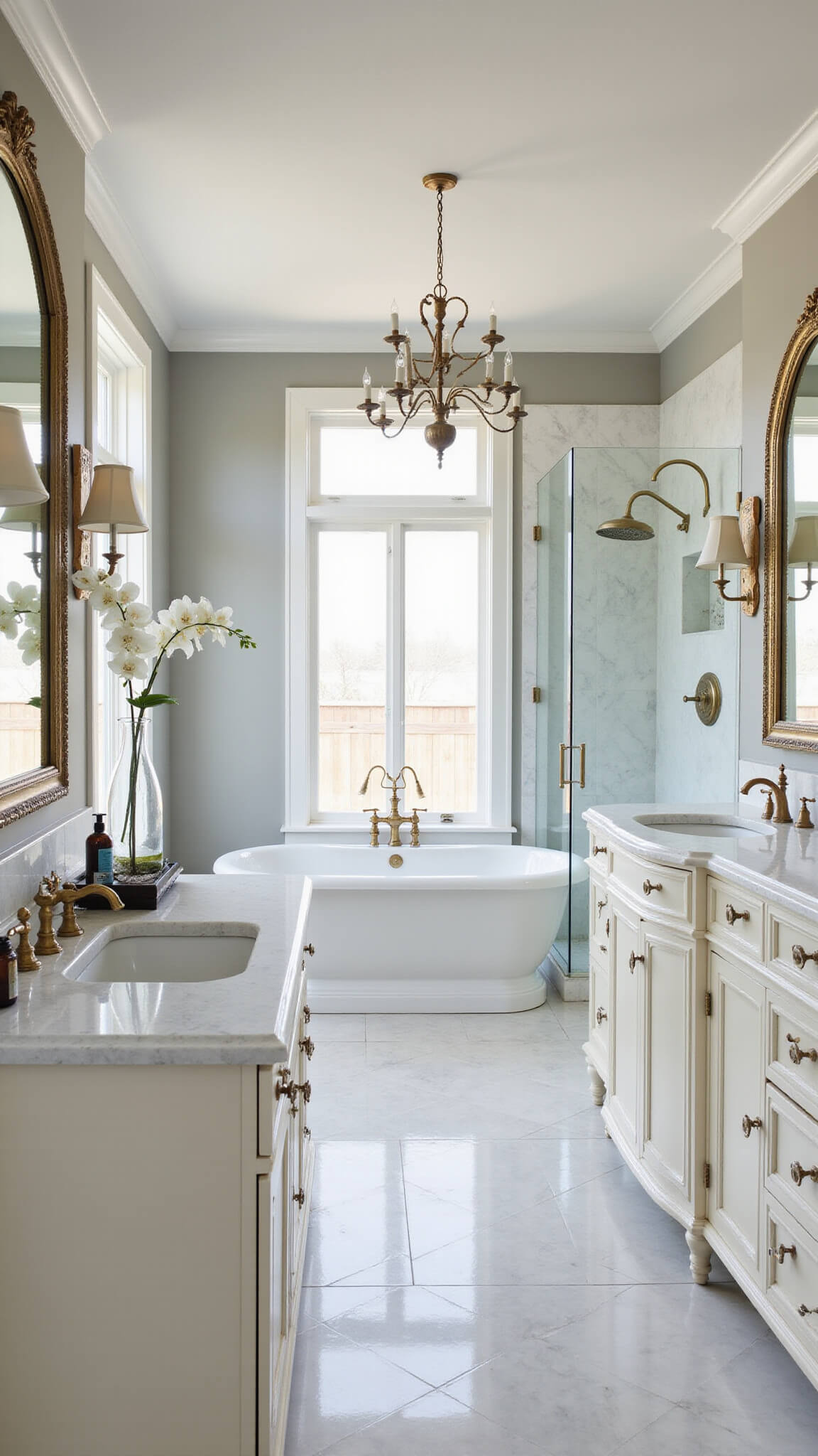 Luxurious primary bathroom with freestanding tub, marble herringbone floor, double vanity, and antique brass accents in soft morning light.