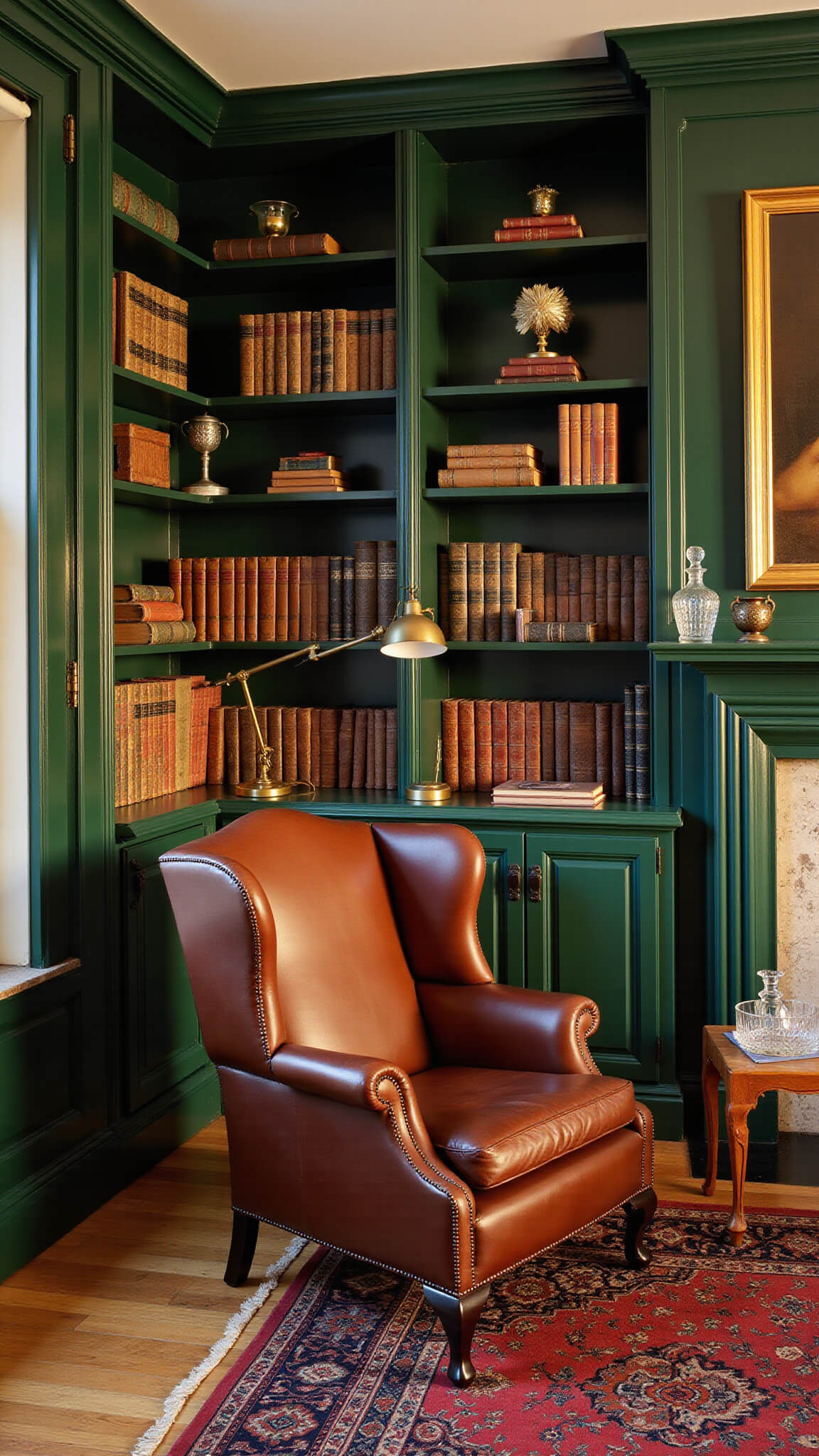 Cozy library corner with forest green bookshelves, leather wingback chair, brass lamp, jewel-toned rug, antique books, and marble fireplace with gilded oil portrait.