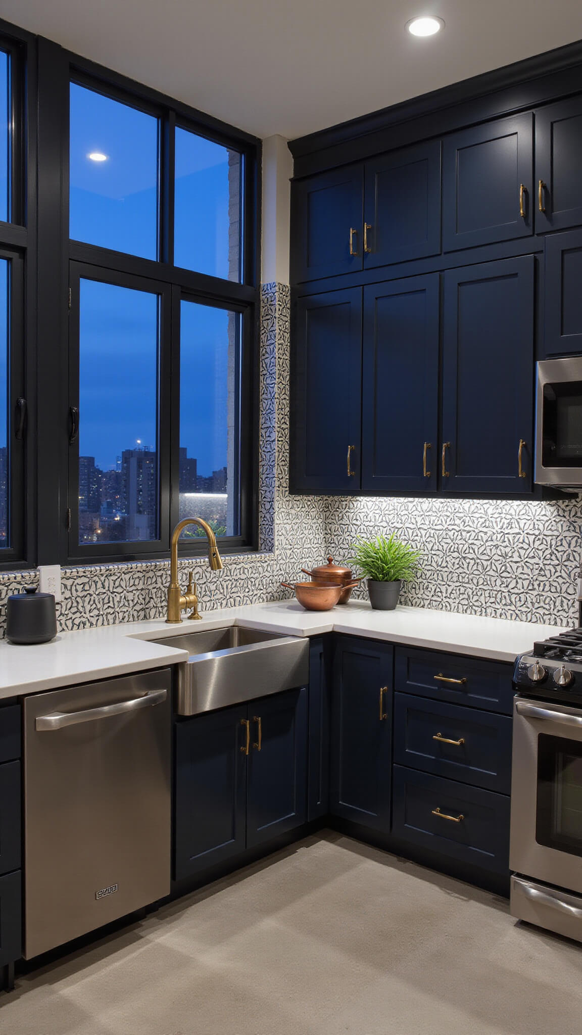 Low-angle view of moody L-shaped kitchen with dark navy cabinets, white quartz countertops, and industrial black windows at dusk.
