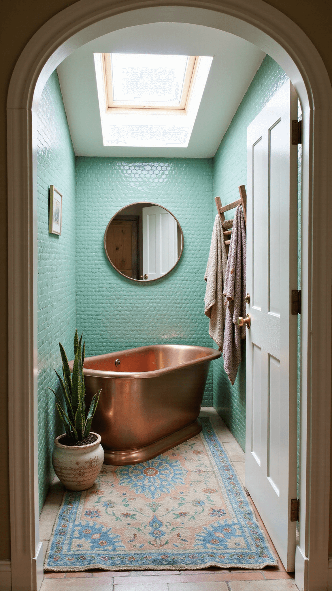 Modern sea glass green tiled bathroom with copper soaking tub, vintage Turkish rug, wood ladder with towels, and snake plant under skylight.