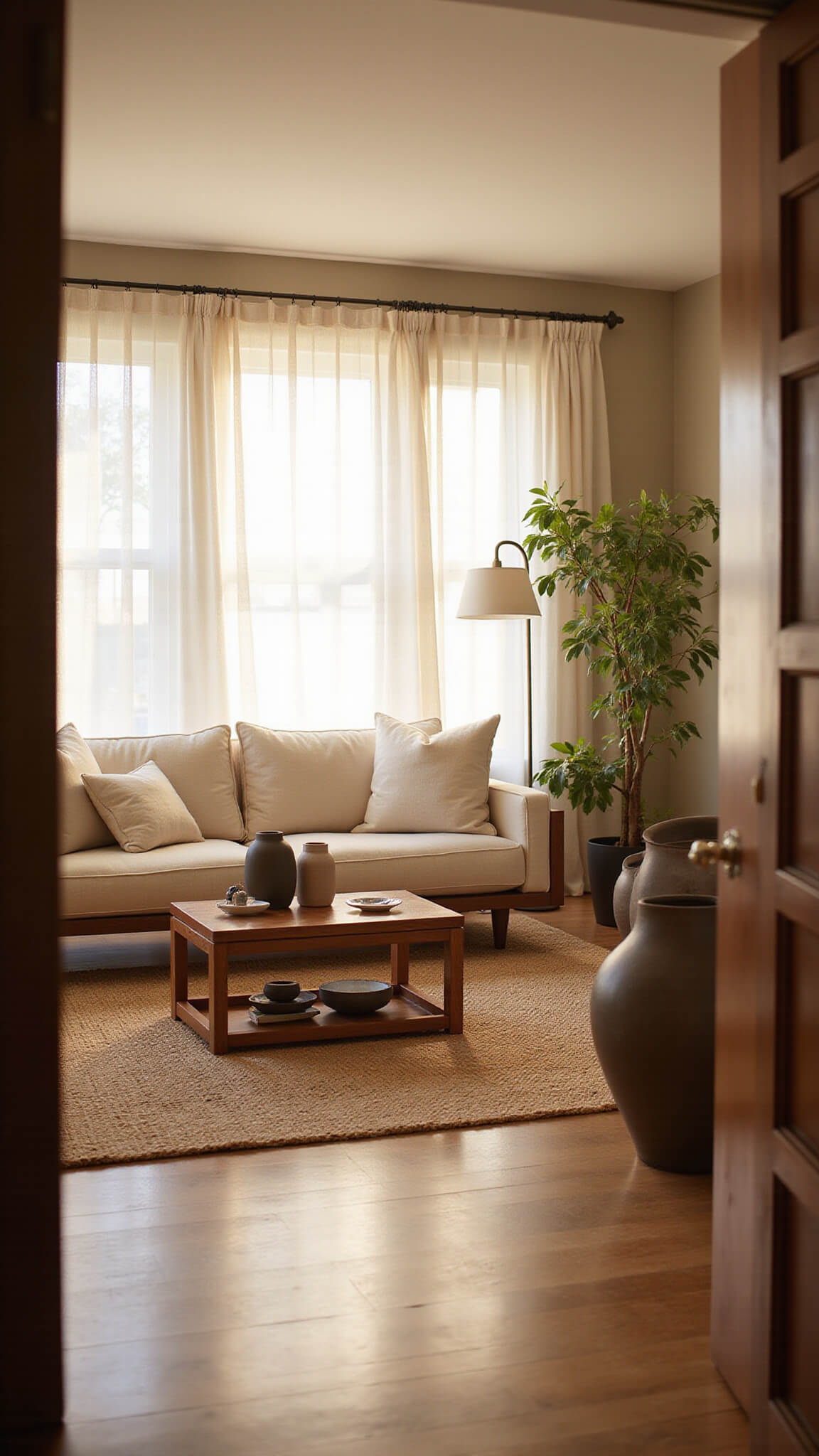 Serene 14x16ft living room at golden hour with sunlight through sheer white curtains, walnut platform sofa with ivory cushions, jute rug, bamboo coffee table, ceramic vessels, and Swiss Coffee walls.