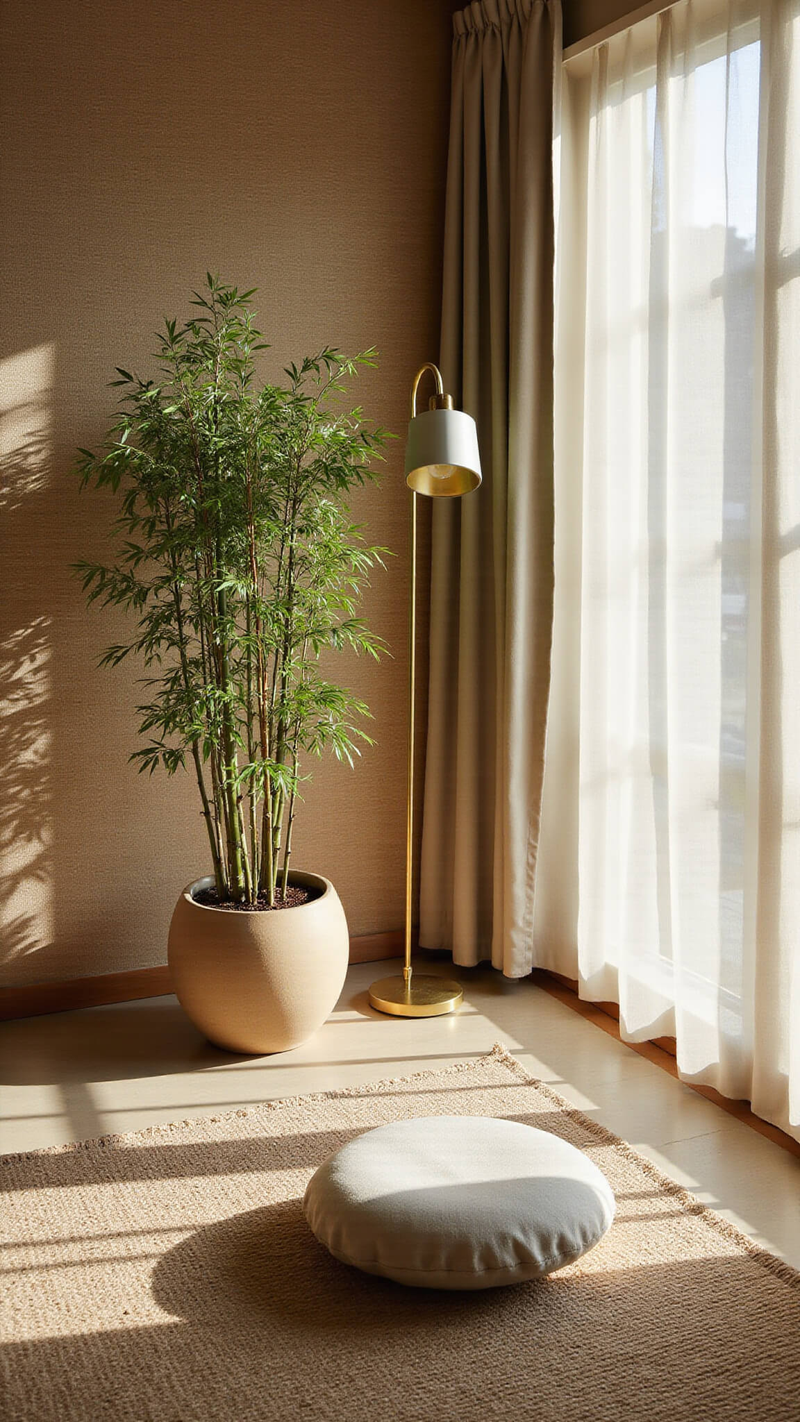 Meditation corner at dawn with floor-to-ceiling windows, oatmeal cushion on sage rug, potted bamboo, wheat grasscloth walls, and soft ambient lighting.