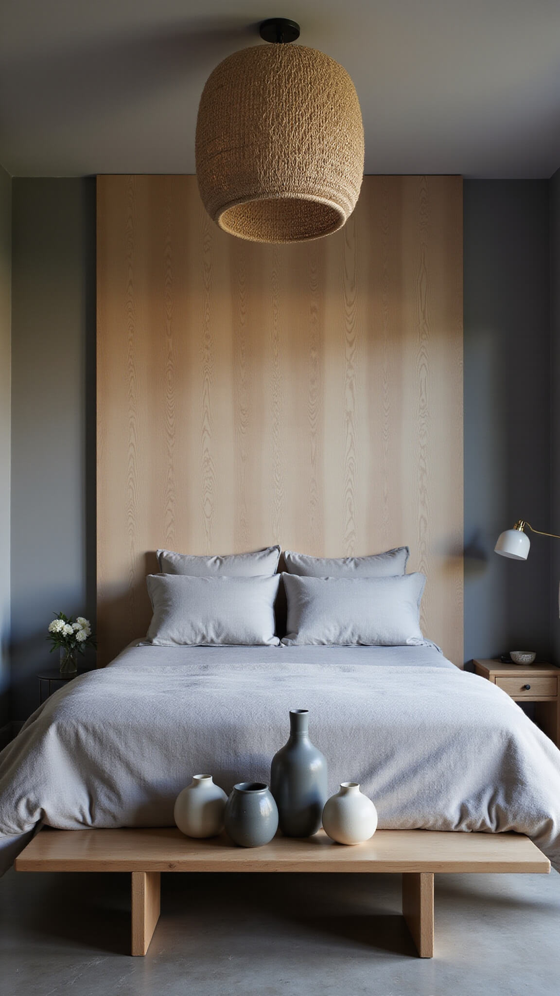 Cozy master bedroom at dusk with bleached oak platform bed, layered grey organic bedding, and soft pendant lighting; ceramic vessels on wooden bench and walls in warm taupe.