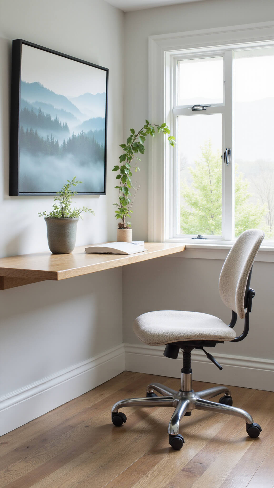 Minimalist 12x14ft home office with white oak floating desk, linen ergonomic chair, misty mountain photo, ceramic planter with ivy, and natural afternoon light streaming through window.