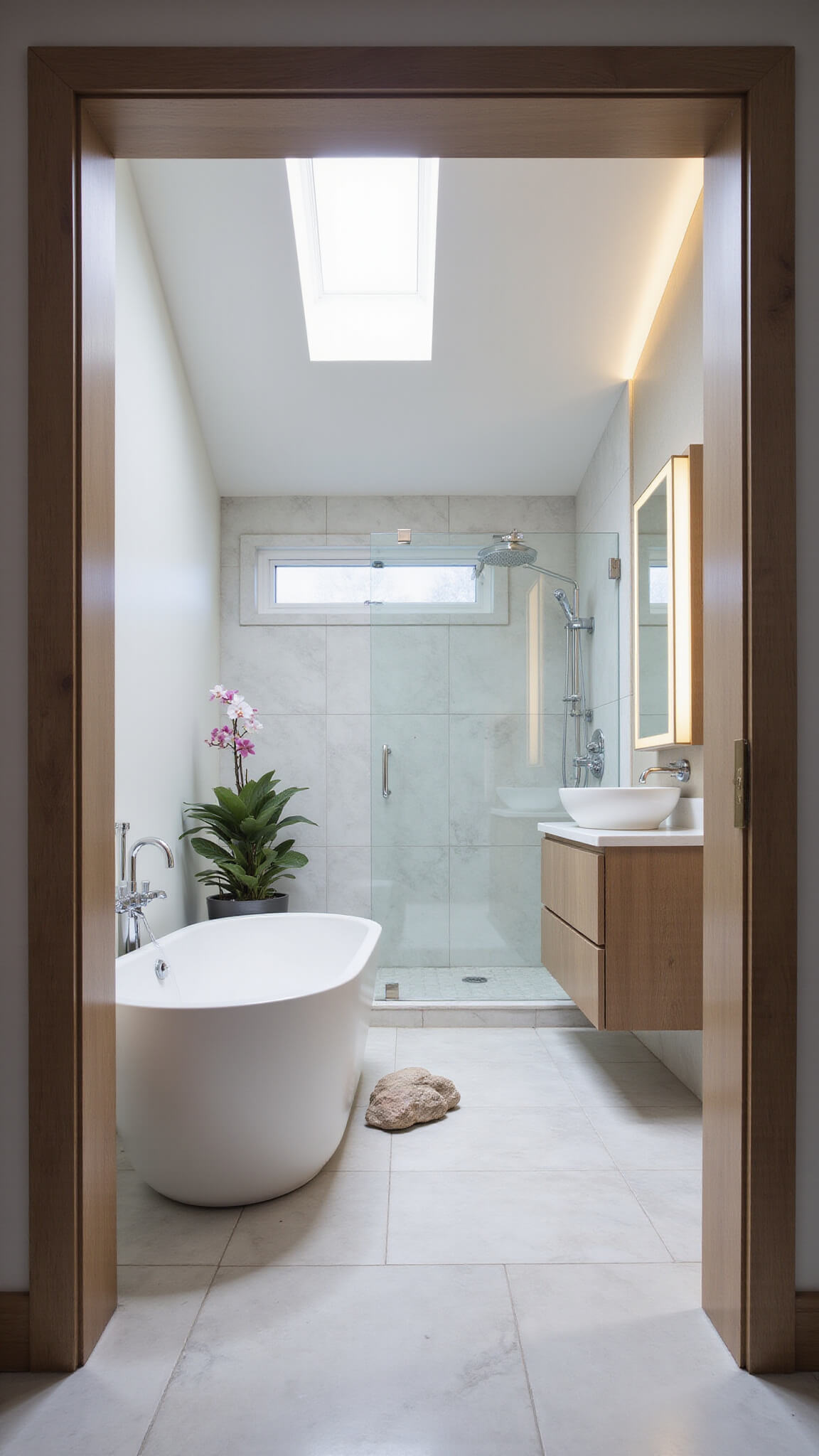 Modern spa-inspired 8x10ft bathroom with matte white soaking tub under skylight, teak floating vanity, river rock floor, white marble walls, and potted orchid, captured in cool morning light.