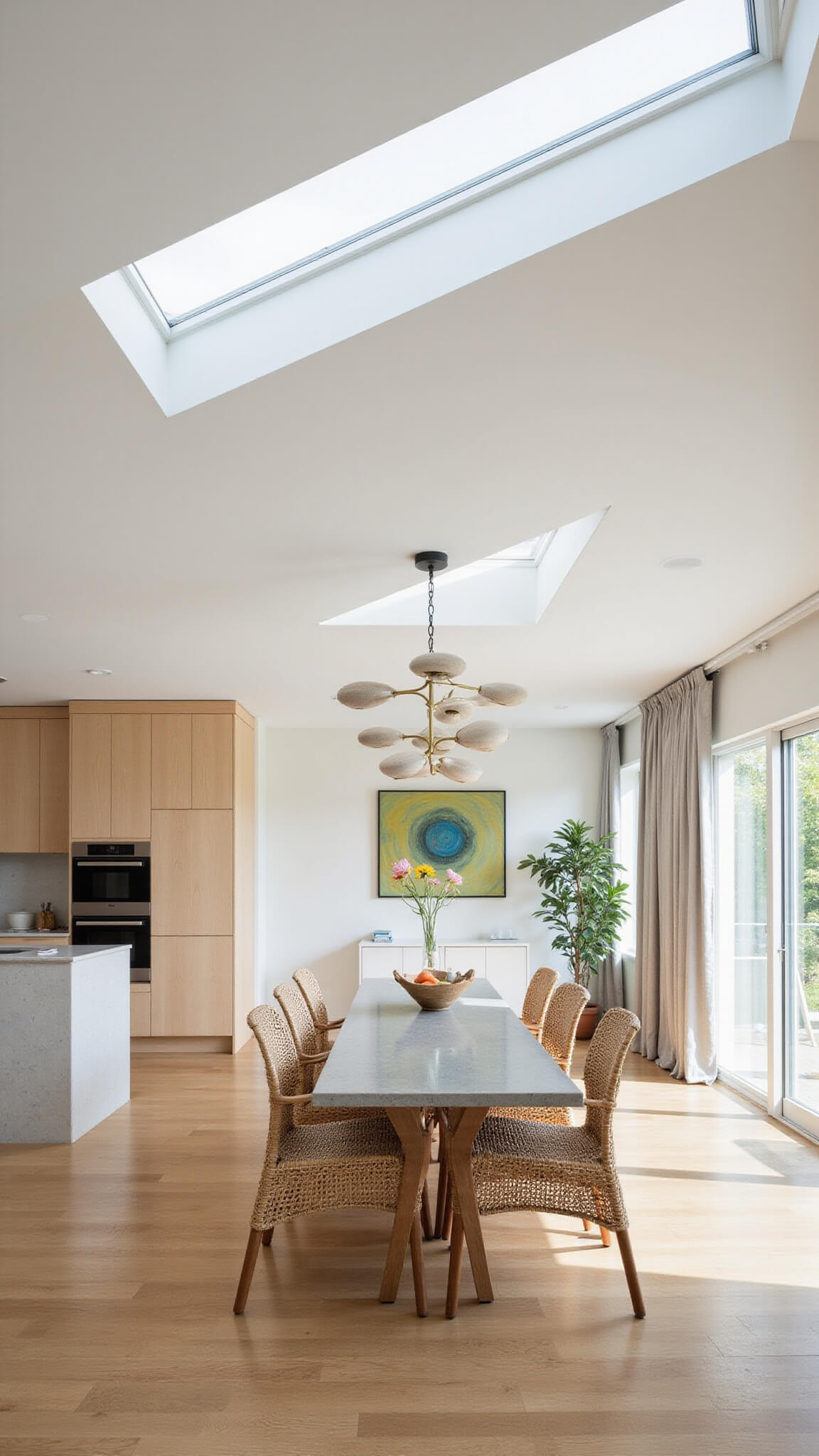 Modern open-concept kitchen-dining space with soapstone waterfall island, white oak cabinets, ceramic pendant lights, woven chairs, and natural light from skylights.