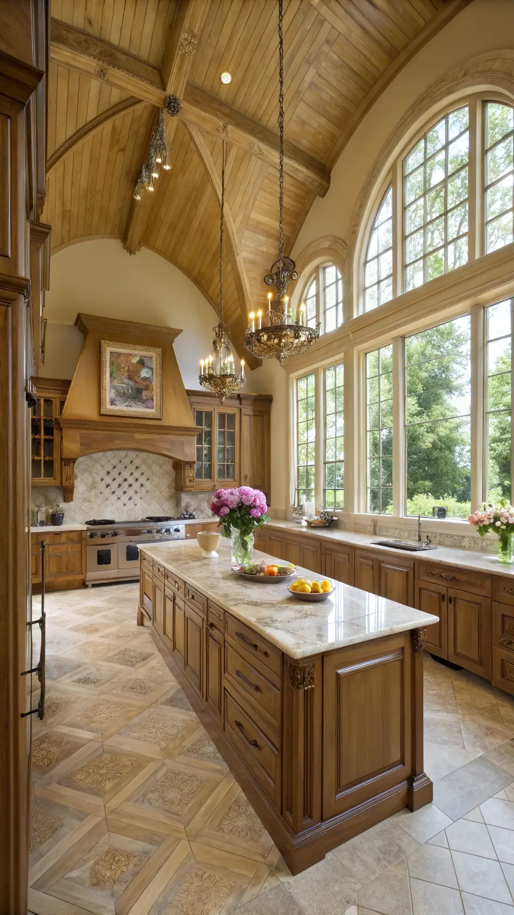 Elegant country estate kitchen with cathedral ceiling, honey-toned maple cabinets, double marble-topped islands, limestone herringbone flooring, and vintage accents in warm natural light.