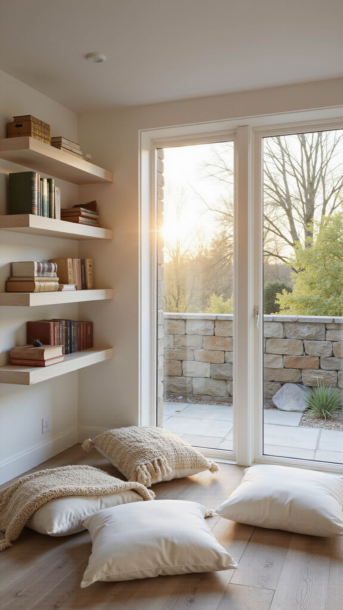 Zen garden reading nook with silk cushions, white oak shelves, and sunset light through floor-to-ceiling windows.