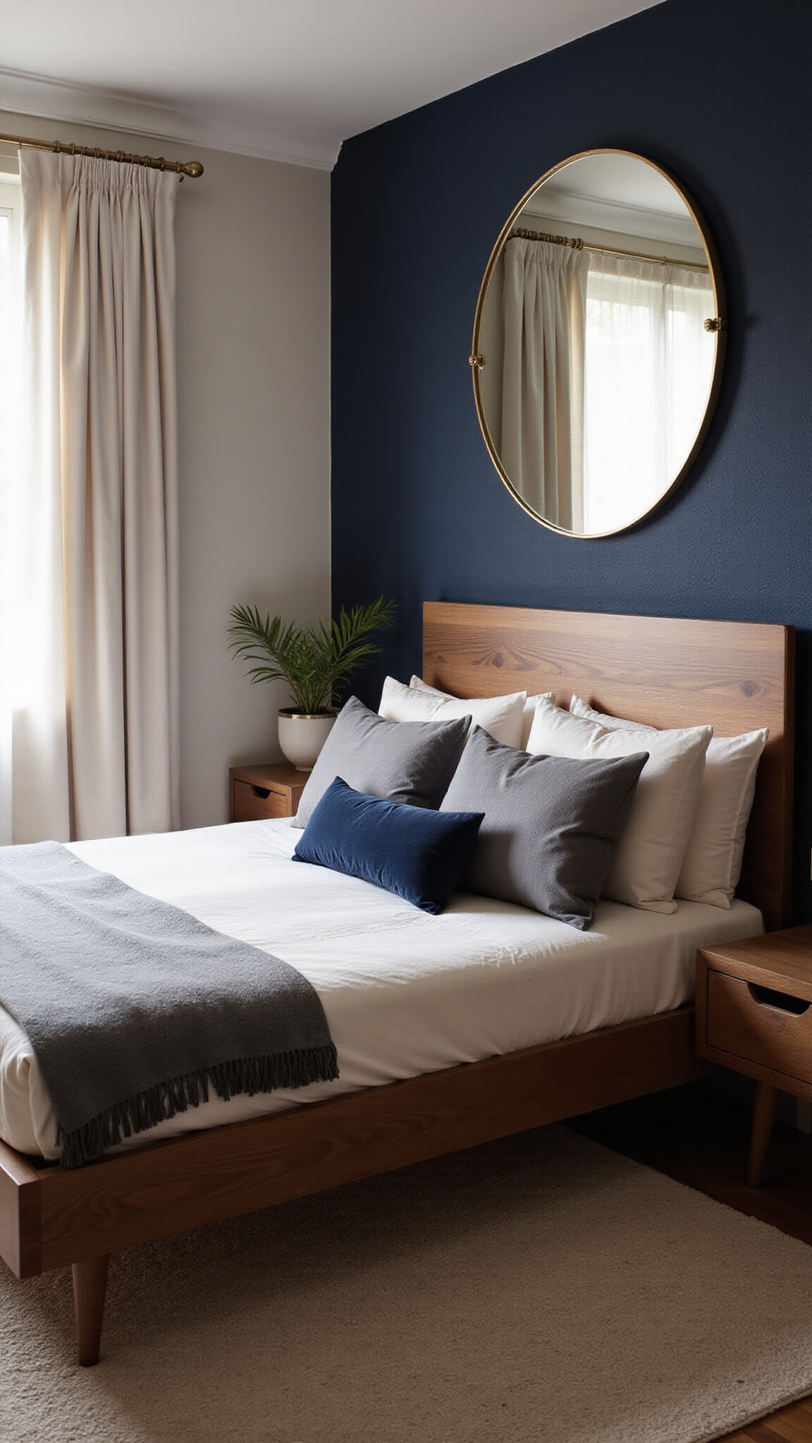 Intimate navy-accented bedroom with golden hour light filtering through sheer curtains, highlighting layered velvet bedding and an antiqued brass mirror.