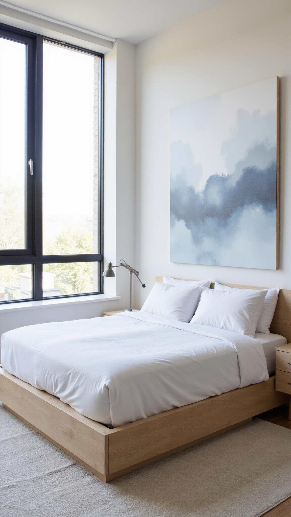 Bright corner bedroom with floor-to-ceiling windows, light wood platform bed with white bedding, and large abstract art in soft blues and grays.