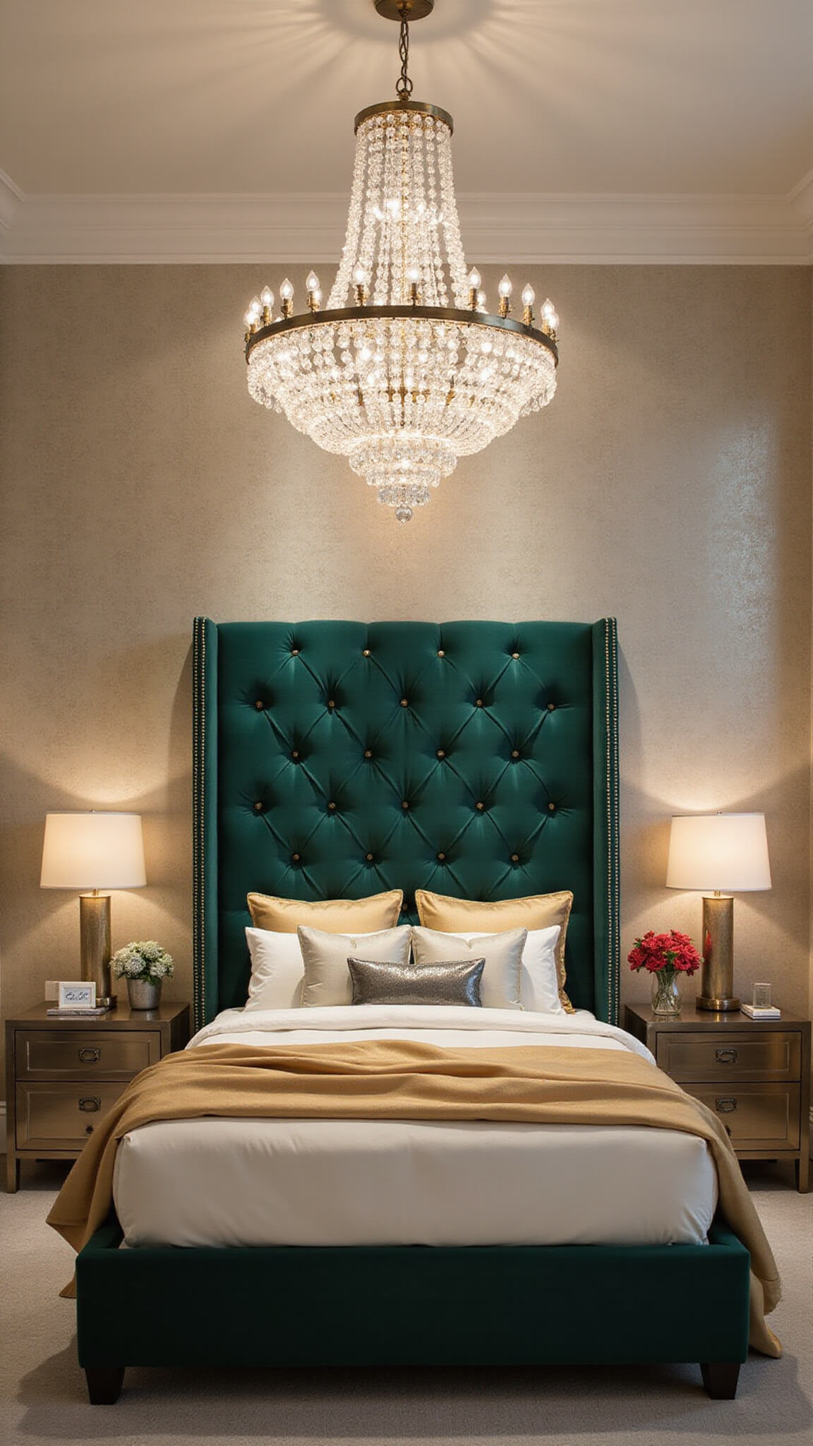 Glamorous 14x17ft bedroom at night with emerald green tufted velvet headboard, pearl metallic wallpaper, tiered crystal chandelier, mixed metallic accents, and layered silk bedding in cream, ivory, and soft gold.