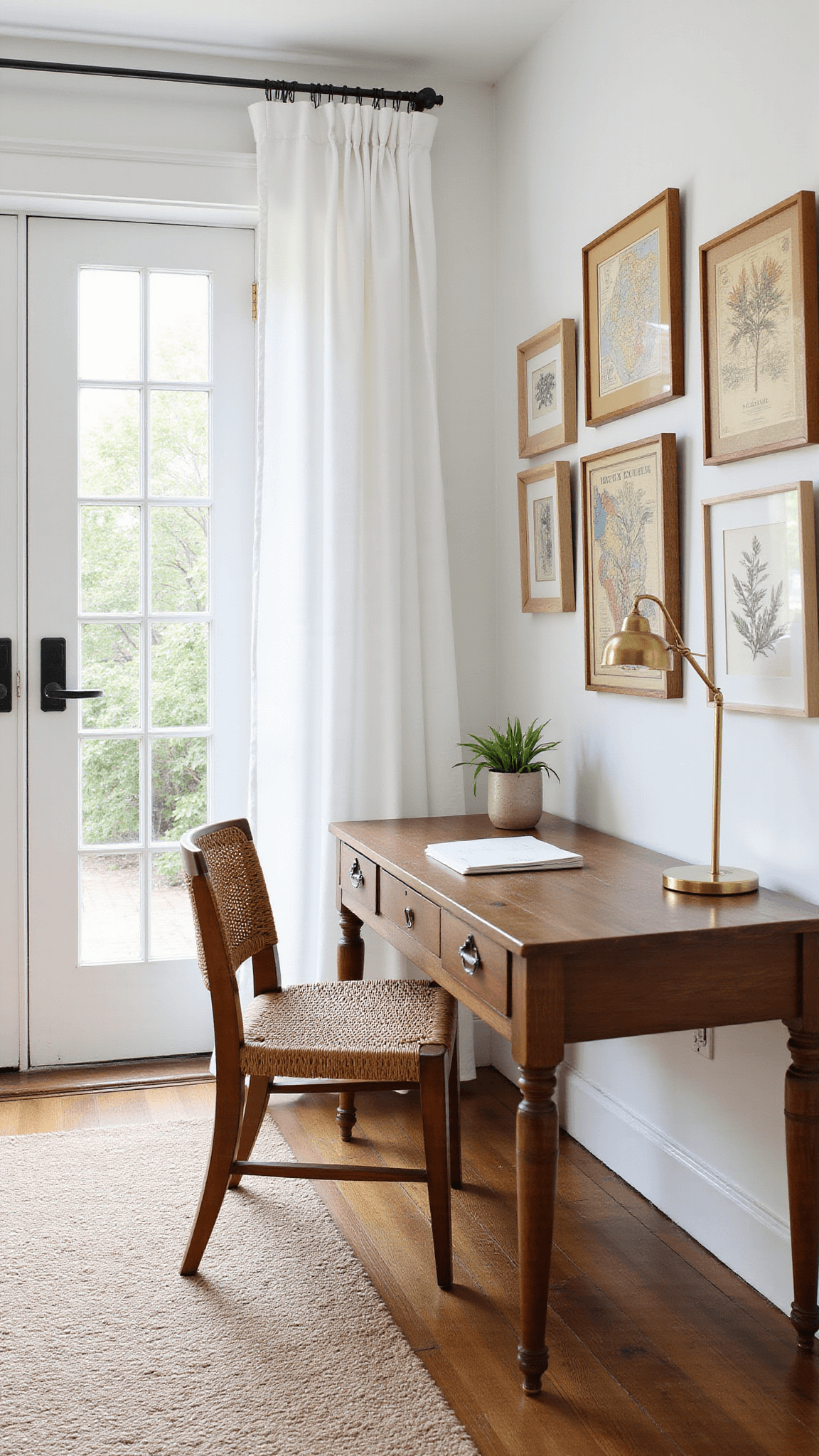 Home office with vintage teak desk, woven leather chair, and gallery wall, softly lit by diffused midday light through linen curtains.