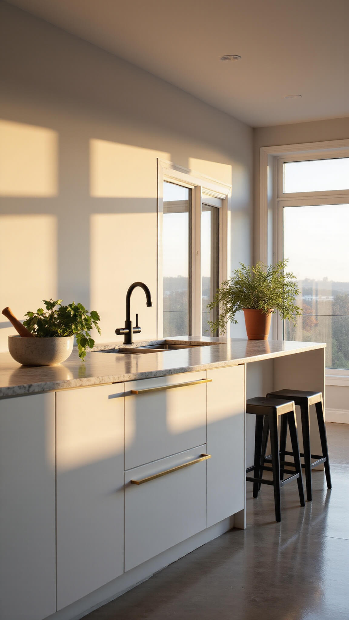 Modern minimalist kitchen bathed in golden hour light with marble countertops, white cabinetry, matte black fixtures, and styled accents like a copper kettle and terracotta herb pots.