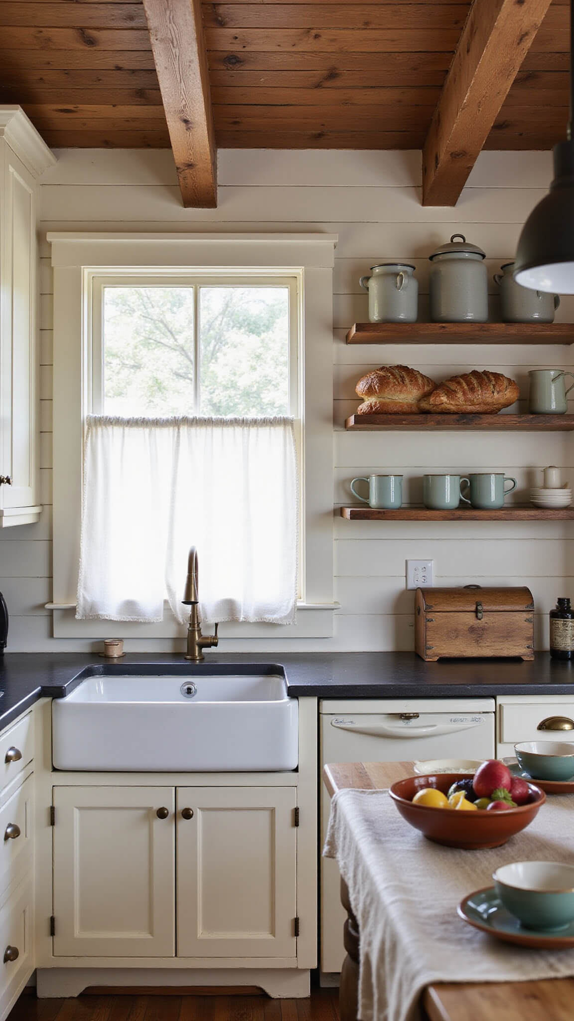 Cozy farmhouse kitchen with wooden beams, cream cabinets, rustic table set for breakfast, and warm morning light.