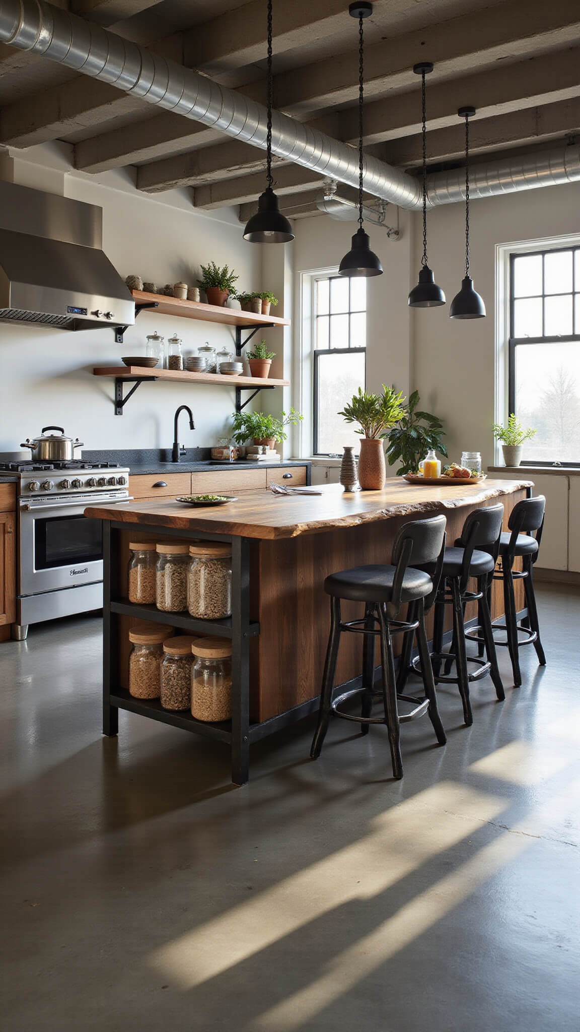 Industrial chic kitchen with concrete floors, exposed ducts, stainless appliances, and reclaimed wood elements bathed in late afternoon light.