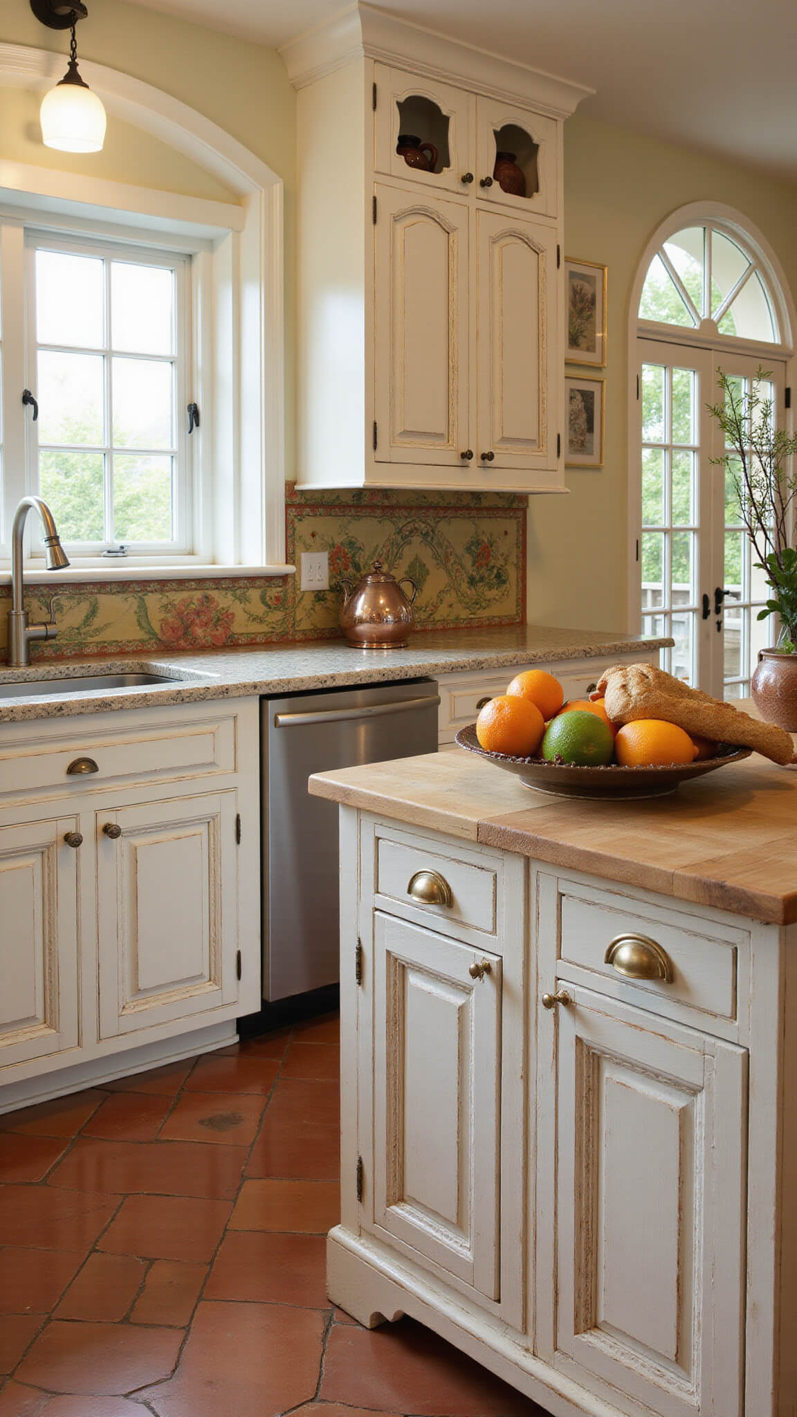 Mediterranean-style kitchen with terracotta floors, whitewashed cabinets, copper cookware, and citrus display on butcher block island, lit by morning sun and soft illumination.