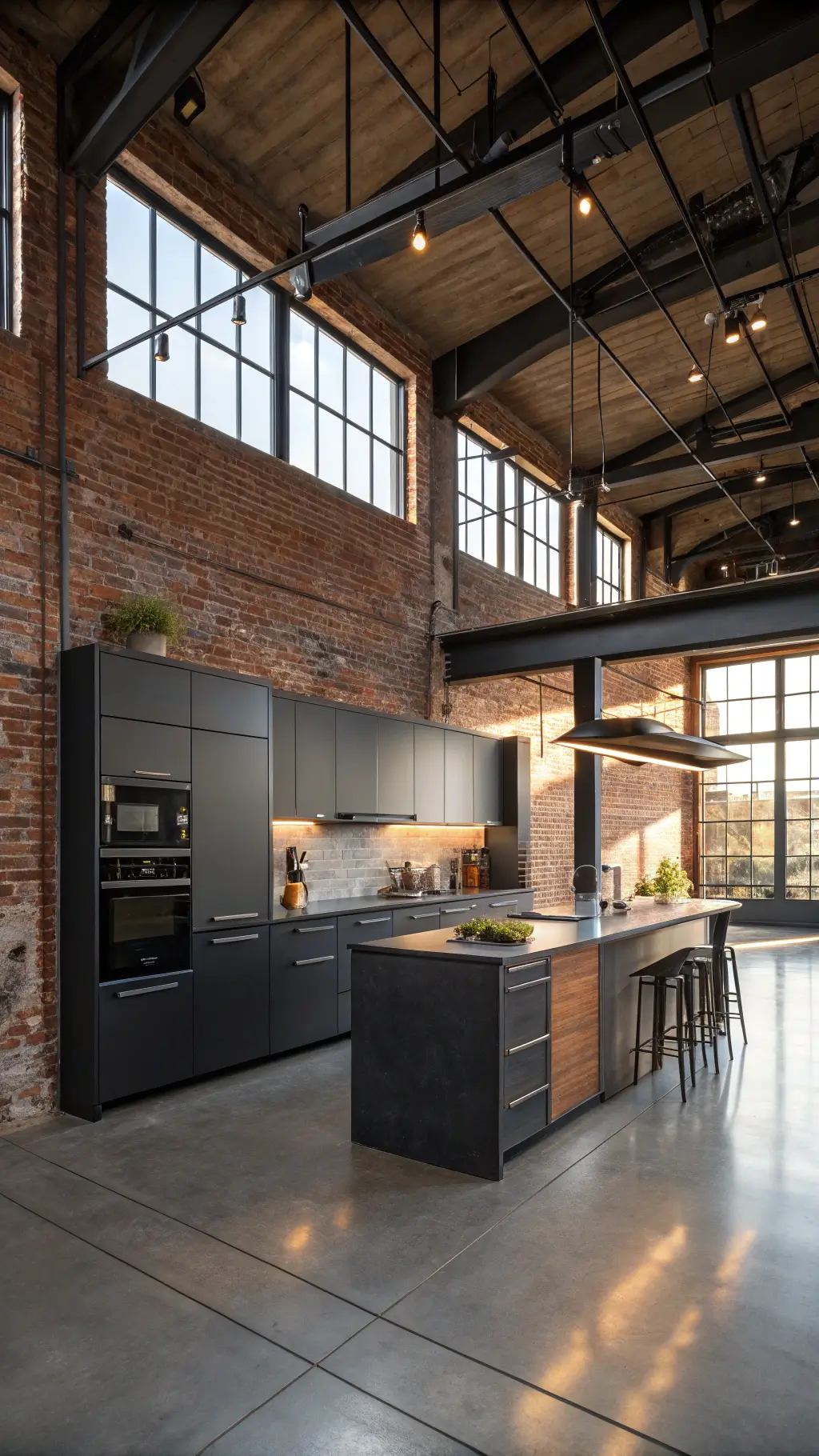 Industrial modern loft kitchen with exposed brick wall, anthracite grey handleless cabinets, blackened steel island, polished concrete floors, and dramatic late afternoon lighting.