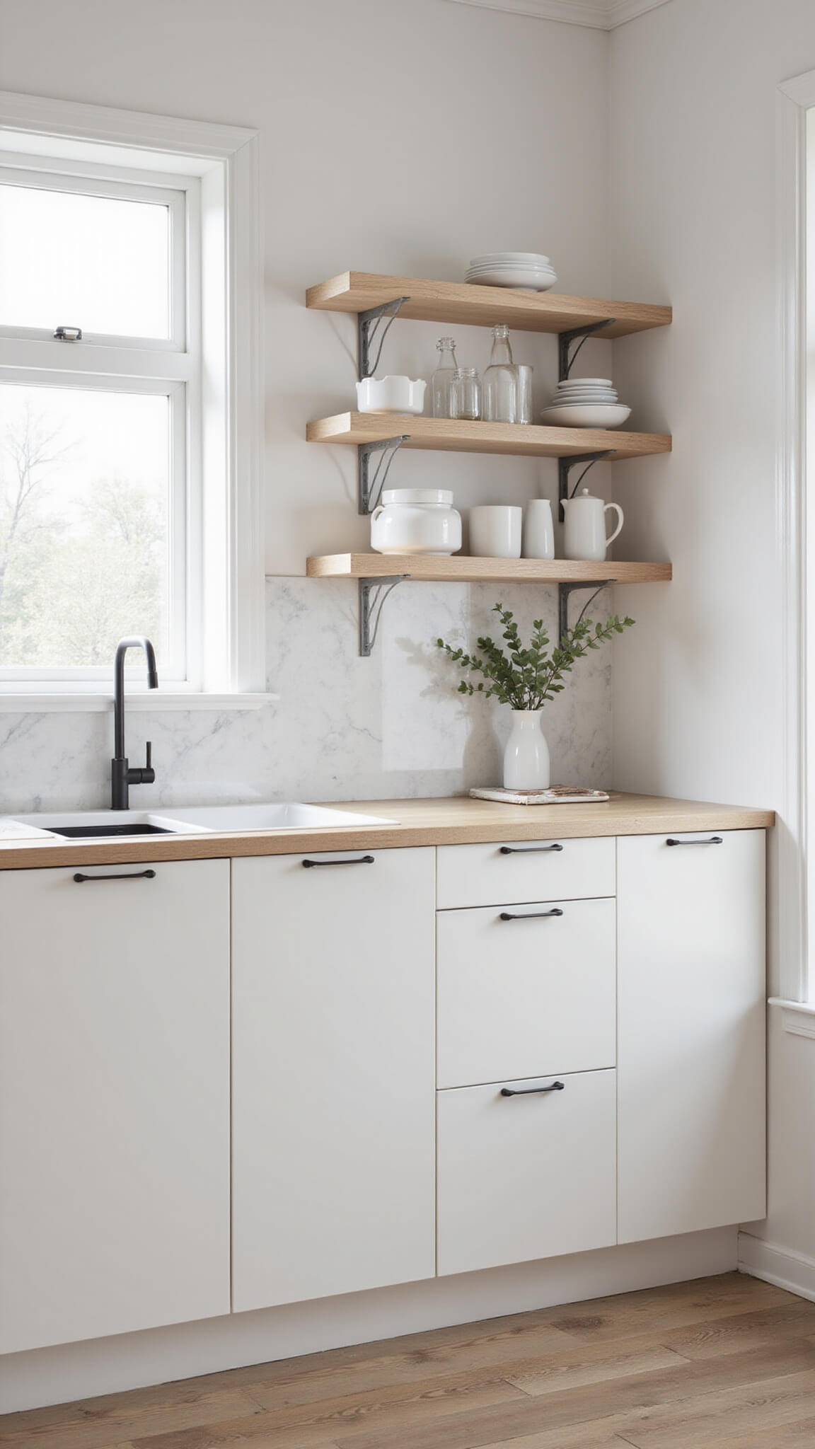 Scandinavian kitchen bathed in soft morning light with white cabinets, light wood floors, marble backsplash, and minimal decor.