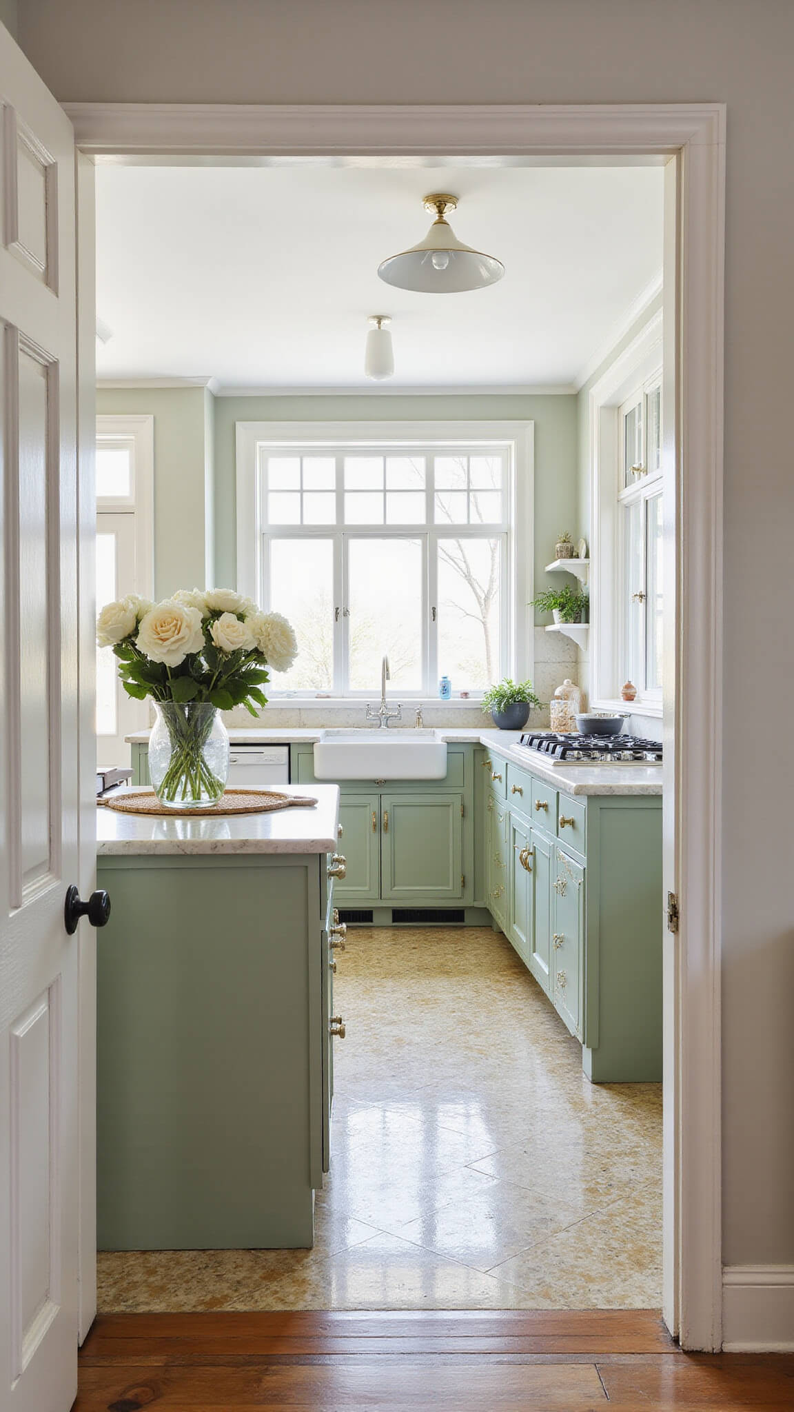 Eclectic 13x15ft kitchen blending 1920s architecture with modern design, featuring sage green cabinets, marble countertops, vintage tile floor, and antique-modern decor in soft afternoon light.