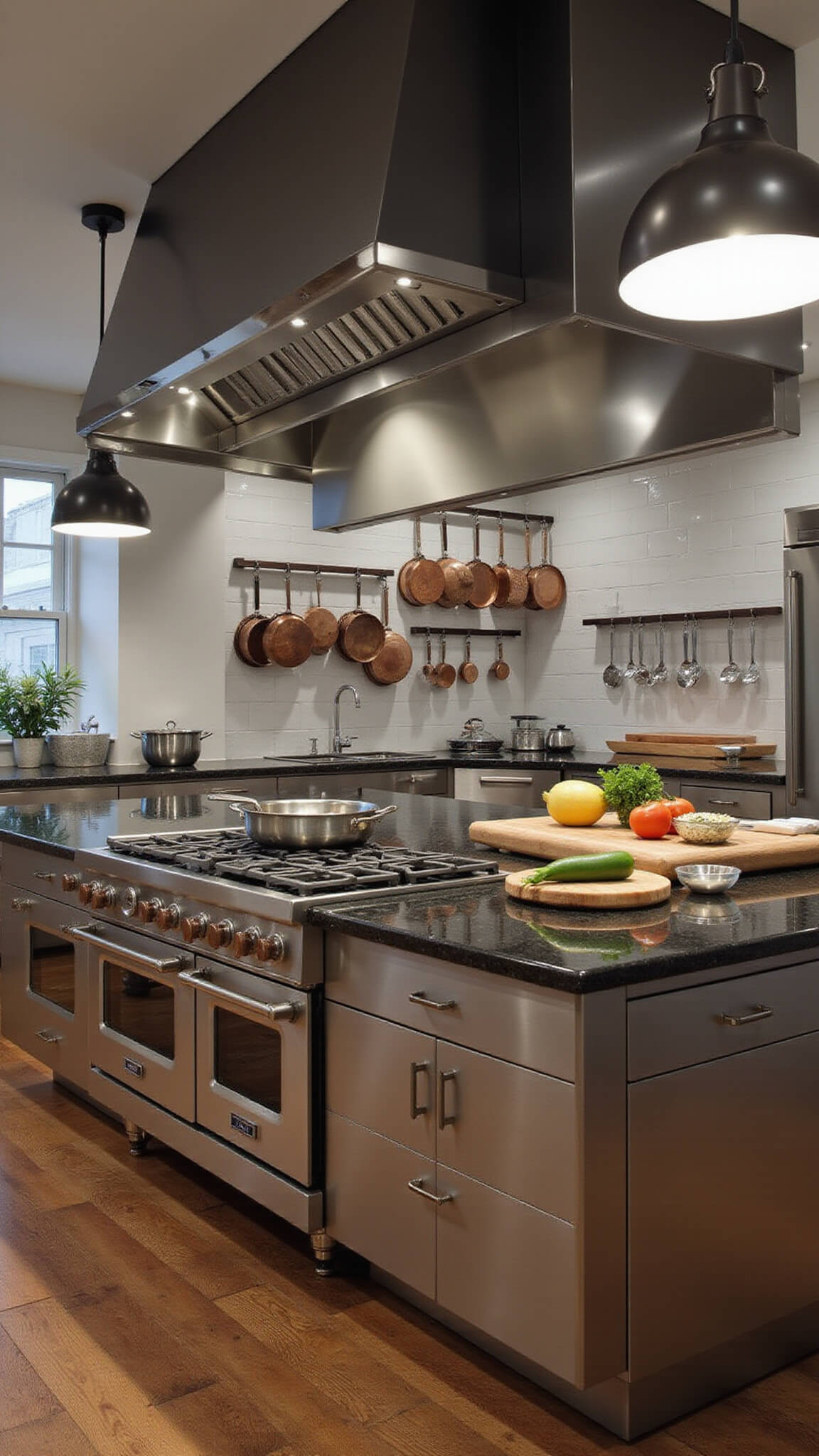 Low-angle view of professional chef's kitchen with stainless steel appliances, black granite countertops, pendant lighting, copper cookware on wall racks, and butcher block island with mise en place.