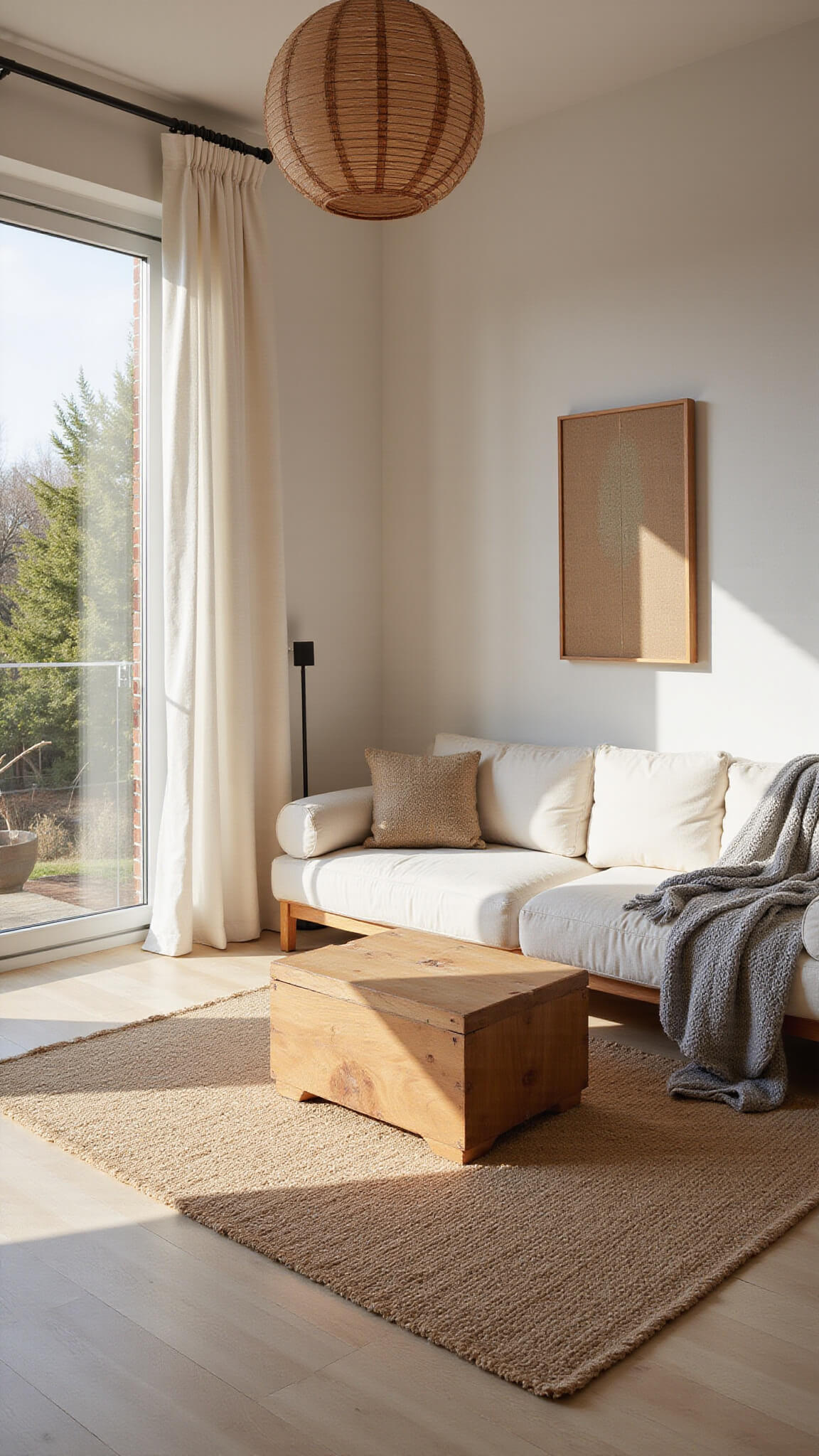 Minimalist Scandinavian living room with cream sectional, oak coffee table, jute rug, and golden hour light through floor-to-ceiling windows.