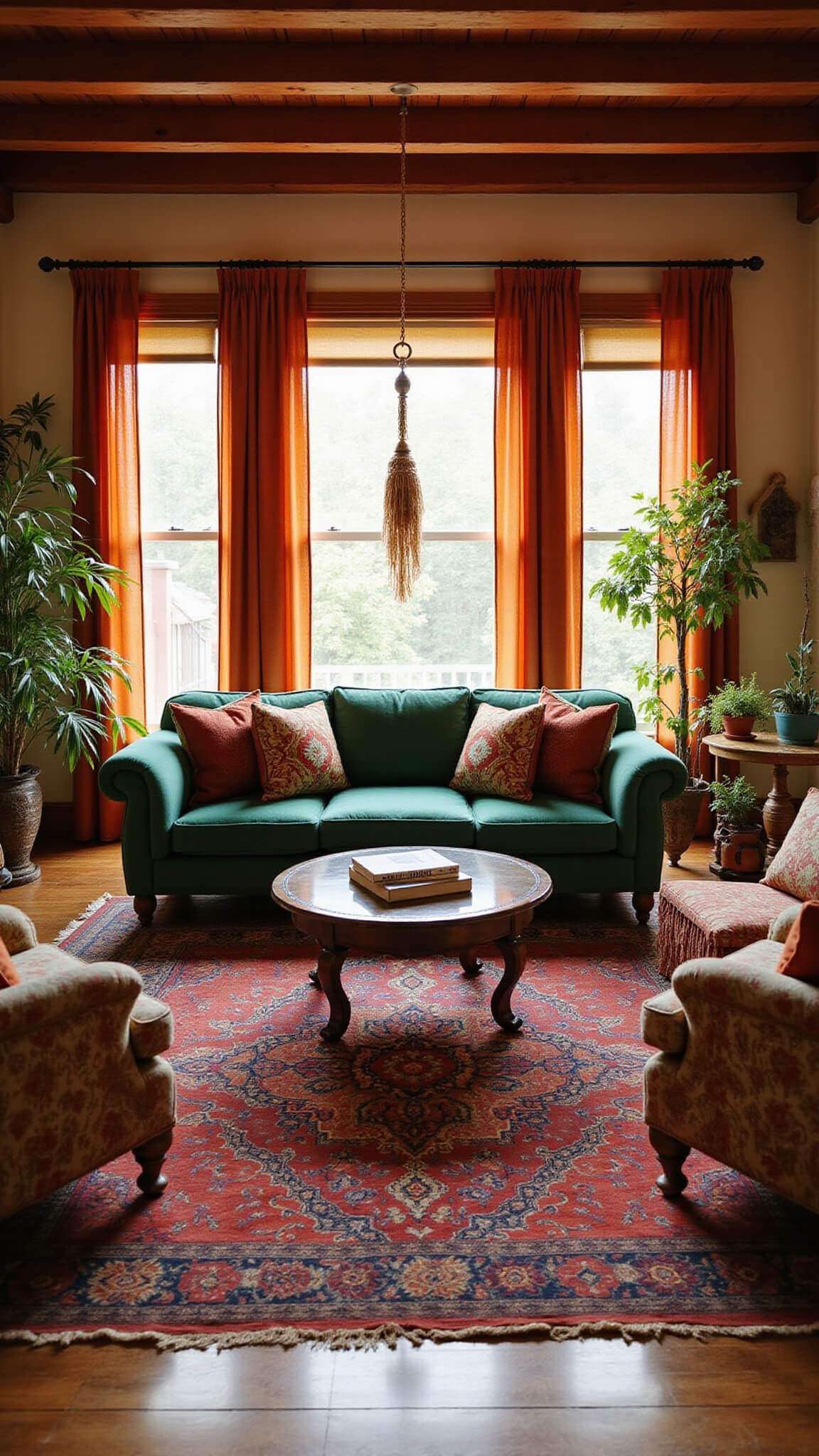 Bohemian-style living room with emerald velvet sofa, vintage Moroccan pillows, Persian rugs, brass tables, and trailing plants under exposed beam ceilings lit by sunset.