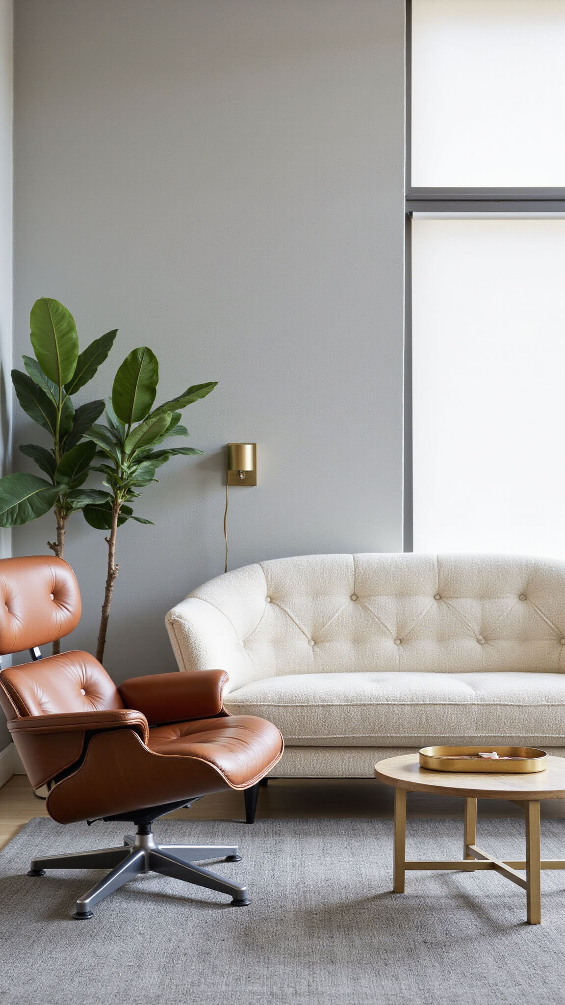 Modern minimalist living room with concrete accent wall, curved cream bouclé sofa, leather Eames lounge chair, brass coffee table, grey wool rug, and fiddle leaf fig in diffused morning light.